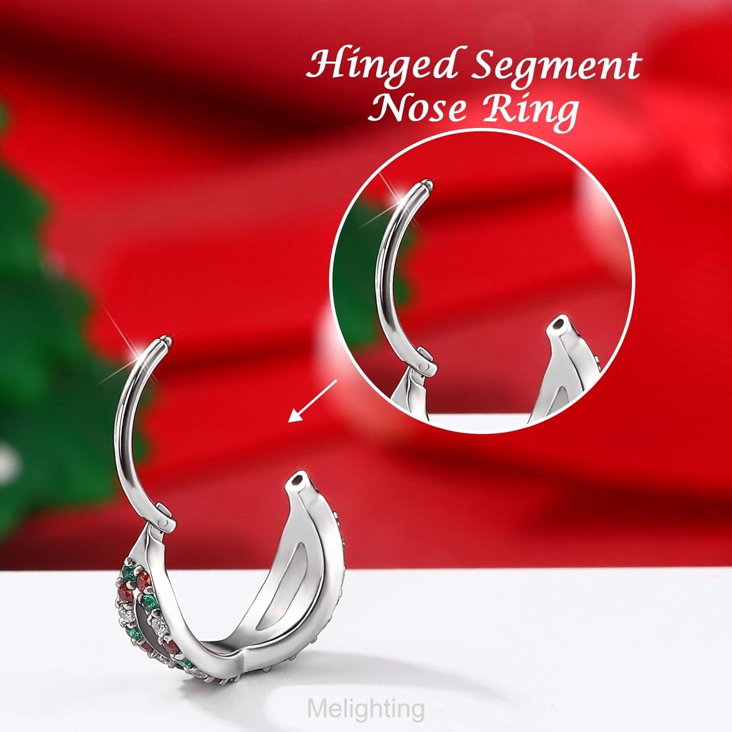 Melighting 20G Double Nose Ring Hoop, Christmas Element Hinged Segment Earring, 316L Surgical Steel Helix Cartilage Conch Lobe Ring, Colorful CZ Body Piercing Jewelry for Women 6/8 mm - Image 4
