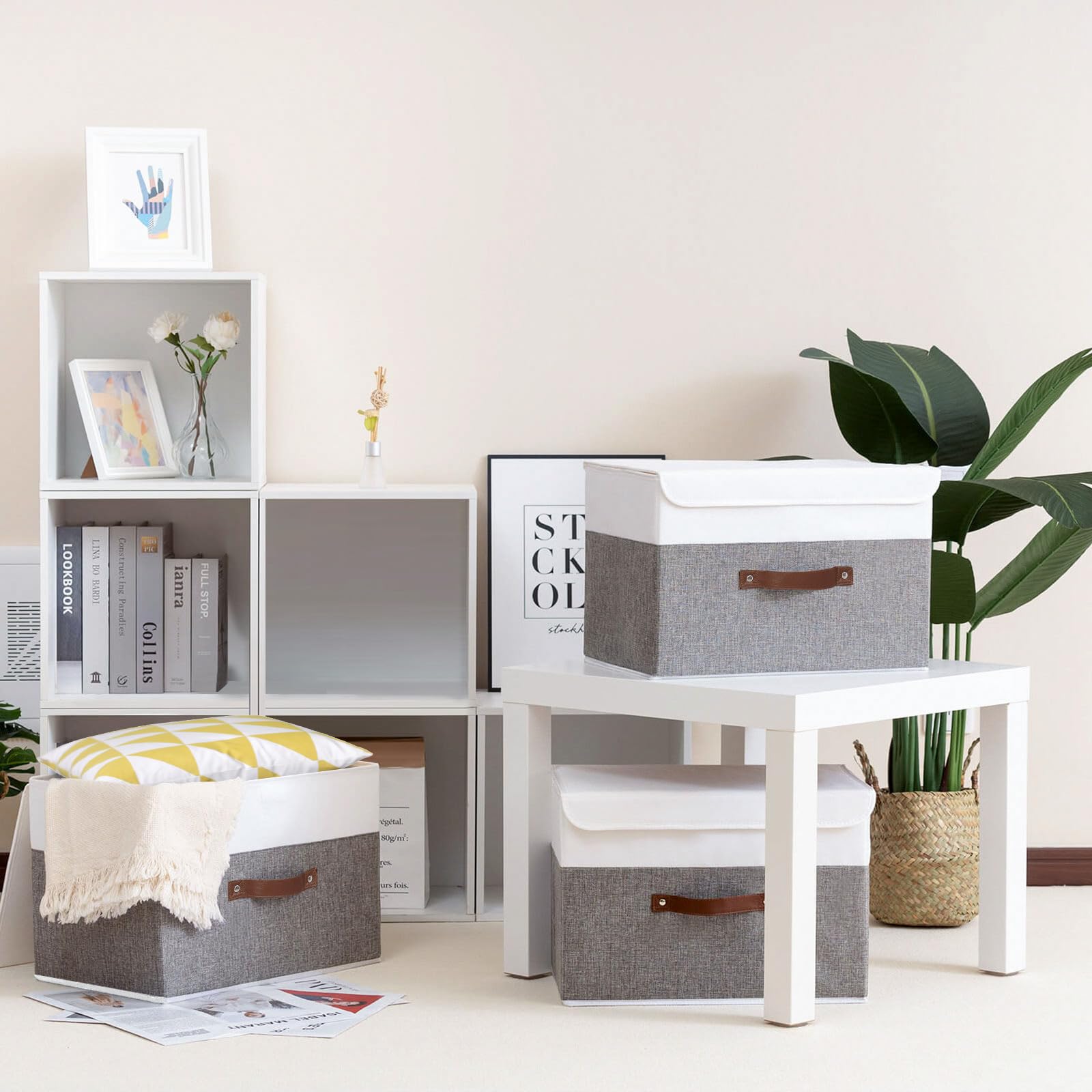 Yawinhe Collapsible Storage Boxes, Linen Fabric Storage Baskets Washable, with Lids and Leather Handle, for Home, Closet, White/Grey, 15.0''Lx9.8''Wx9.8''H, 5-Pack, USNK024WGL-5