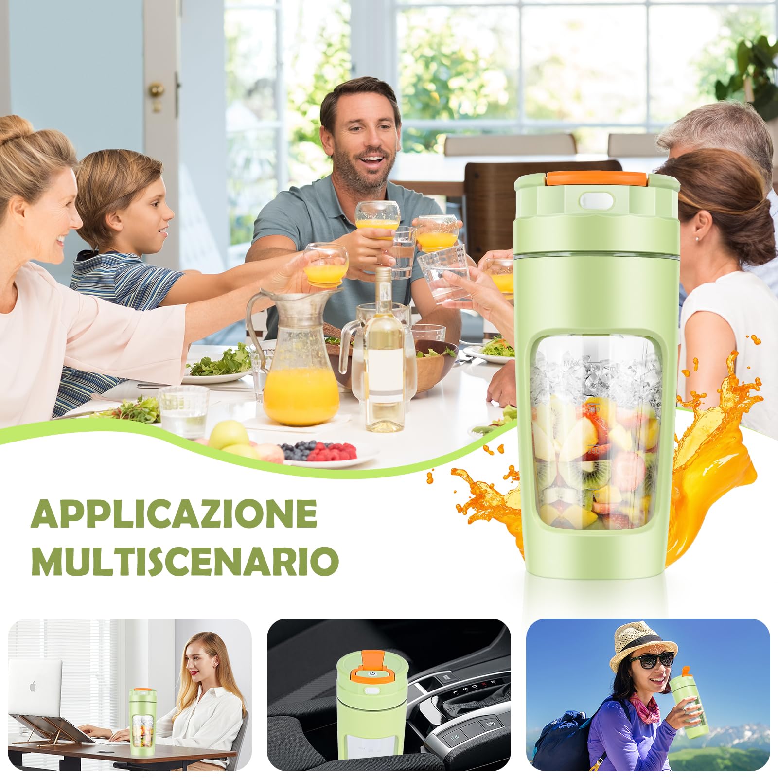 Lekki Przenośny Blender, ręczny mikser do owoców o pojemności 600 ml, mocny bezprzewodowy mini blender, z możliwością ładowania, smoothie, koktajle białkowe, kruszy lód i mrożone owoce (Zielony)