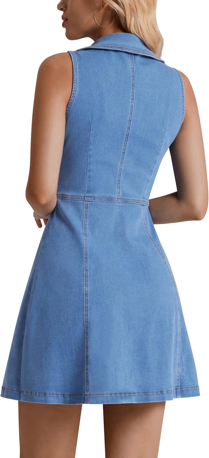 Denim Dress for Women, Button Down Sleeveless Jean Dress A-line Casual Denim Romper - Image 2