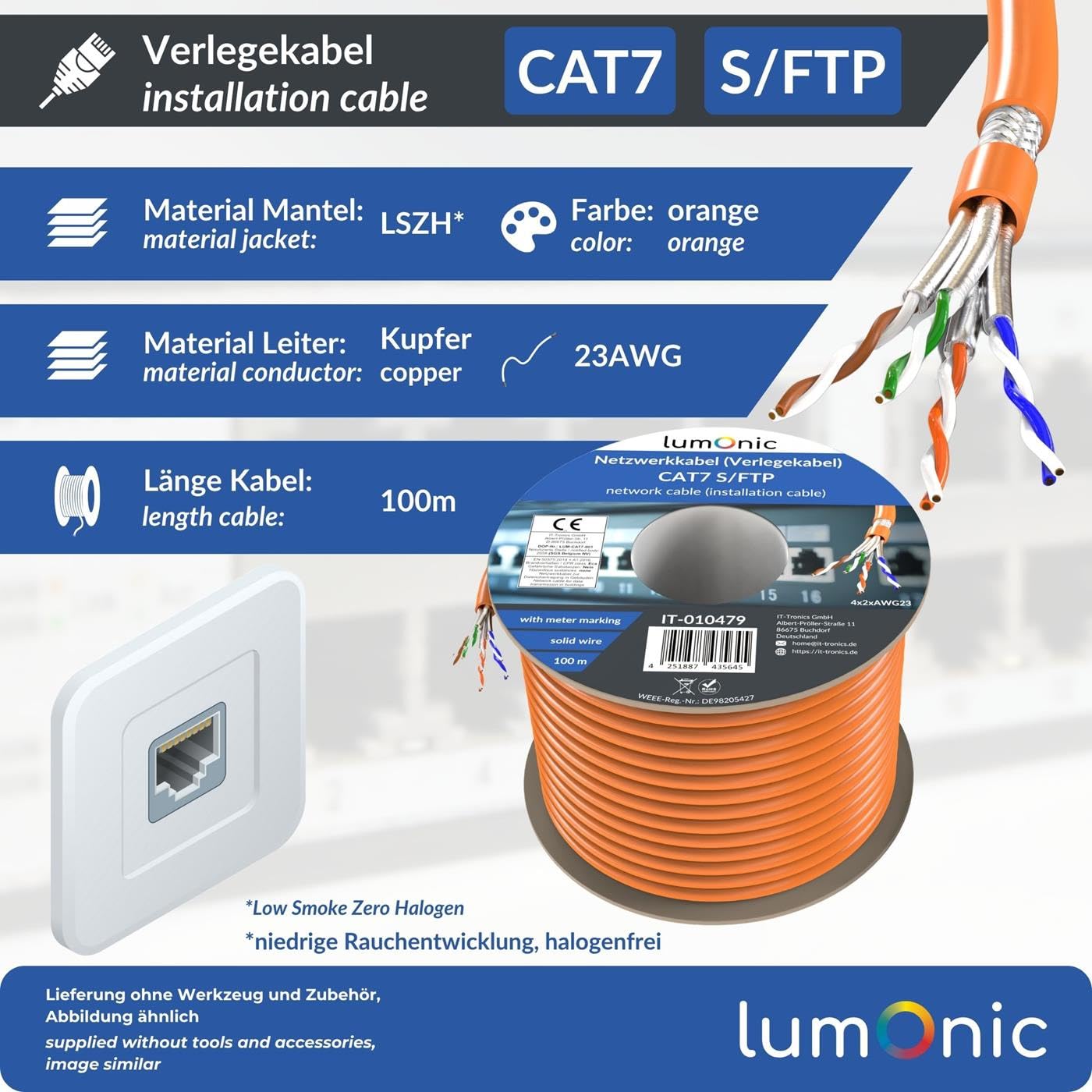Lumonic CAT7 Cable de red S/FTP 100m | Cable de Instalación AWG 23 | 100% Cobre OFC | 10 Gbit/s | sin halógenos | 600 MHz | LAN Cable, Ethernet Cable
