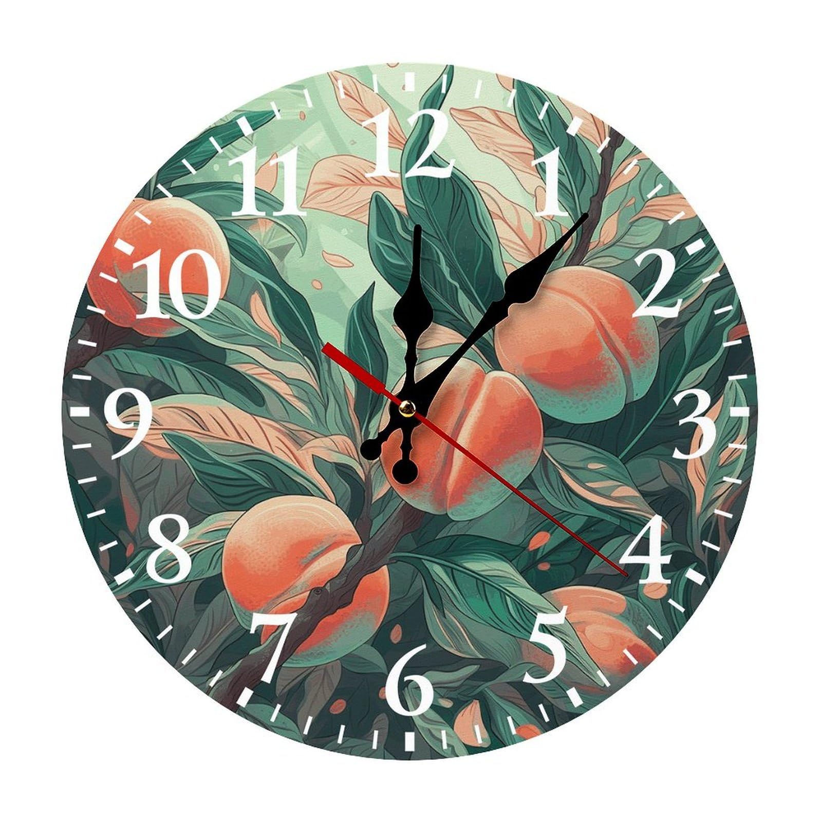 NTVOWPZO 10 Inch Wall Clock Peach on The Branch Battery Operated Wall Clocks Silent Non-Ticking Round Wall Clock for Living Room Kitchen Home Office Wall Decorative Clock
