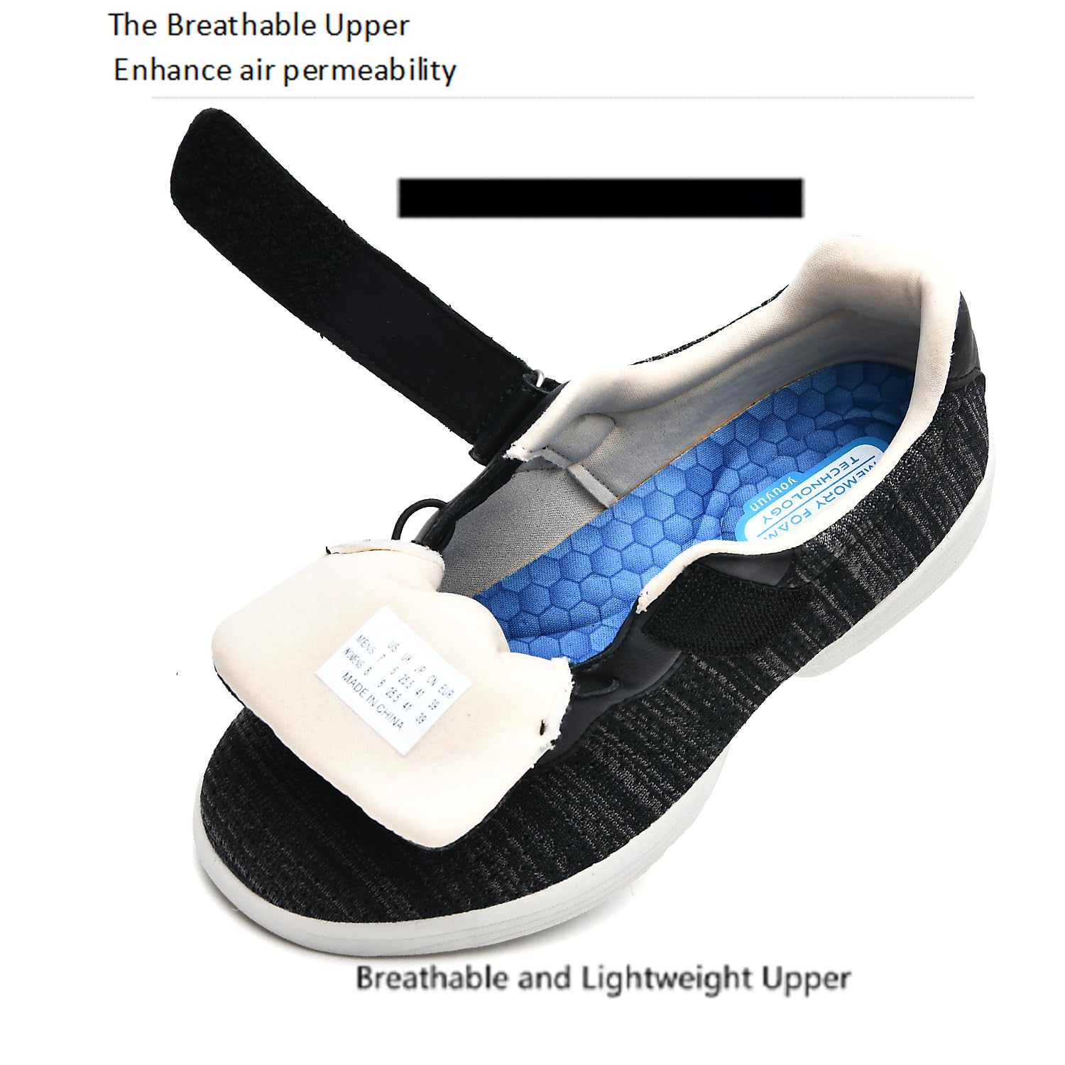 Bequeme Ödemschuhe für Senioren – Unisex-Sneaker mit einfachen Verschlüssen, breiter Zehenbox, leicht und rutschfest,Schwarz1,43