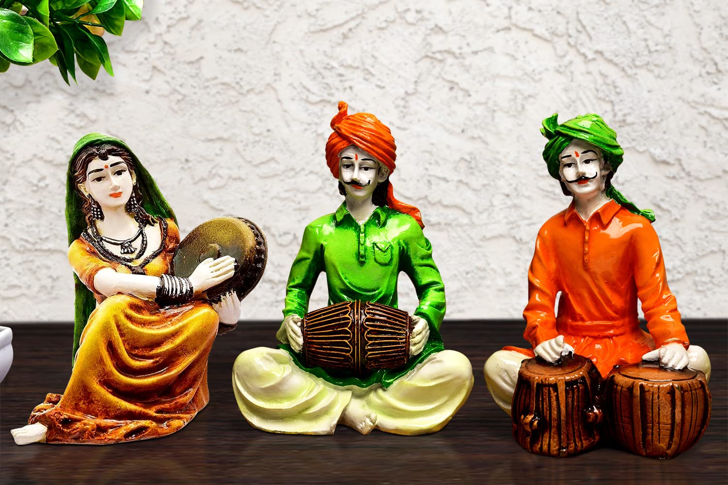 Karigaari India Traditions of Rajasthani : Man Playing Tabla with Dafli Lady & Dholak Man (Multicolor)
