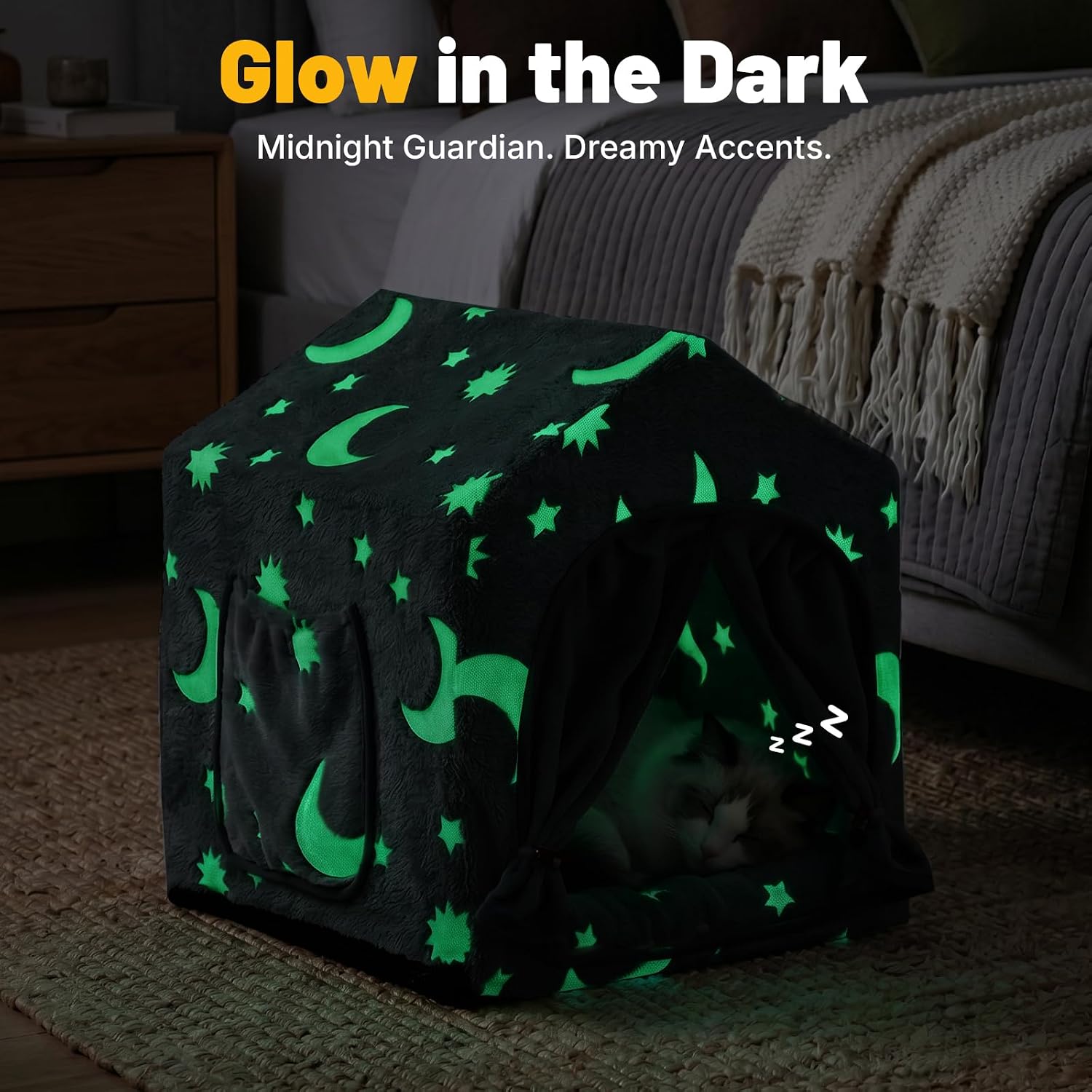 4-In-1 Cat Tunnel with Cube House, Night-Luminous Cat Play Tunnel House with Dual Peek Holes, Large Pocket, Hideout Cat Toys with Tunnel & House, Cat Furniture Tent for Playing, Hiding & Lounging Grey