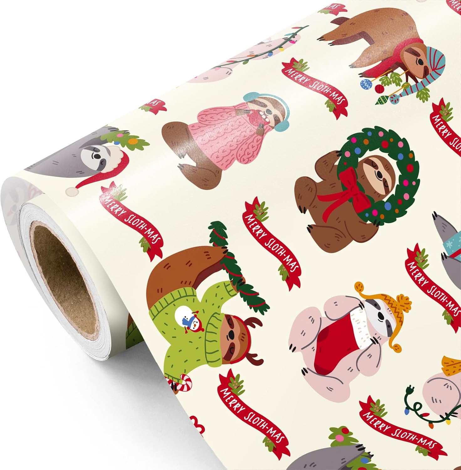 WRAPAHOLIC Sloth Christmas Wrapping Paper - Mini Roll - 17 Inch x 16.5 Feet - Festive Dressed Up Sloth Wrapping Paper for Boys Girls Kids, Christmas, Holiday, Party Celebration
