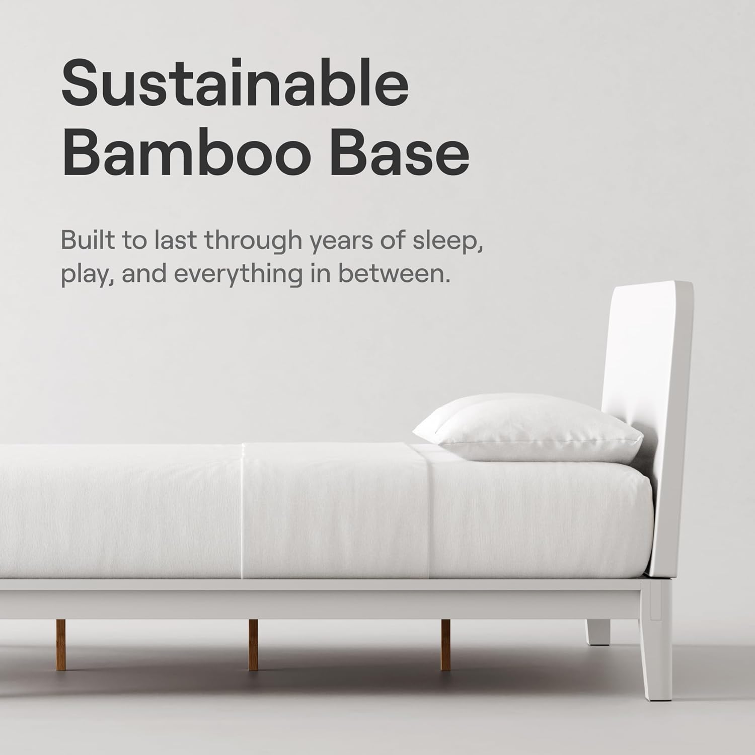 Nectar Kids Full Bamboo Platform Bed Frame & Headboard - White - 12” Height - Easy Tool Free Set Up - Durable & Kid Friendly - Sturdy Wooden Slats for Support