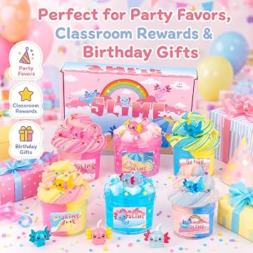 6 Pack Axolotl Slime Kit, Cloud, Butter & Clear Slime Party favors for kids with Axolotl Charms, Soft and Stretchy, Slime for Girls & Boys, Classroom Rewards, Birthday Gifts