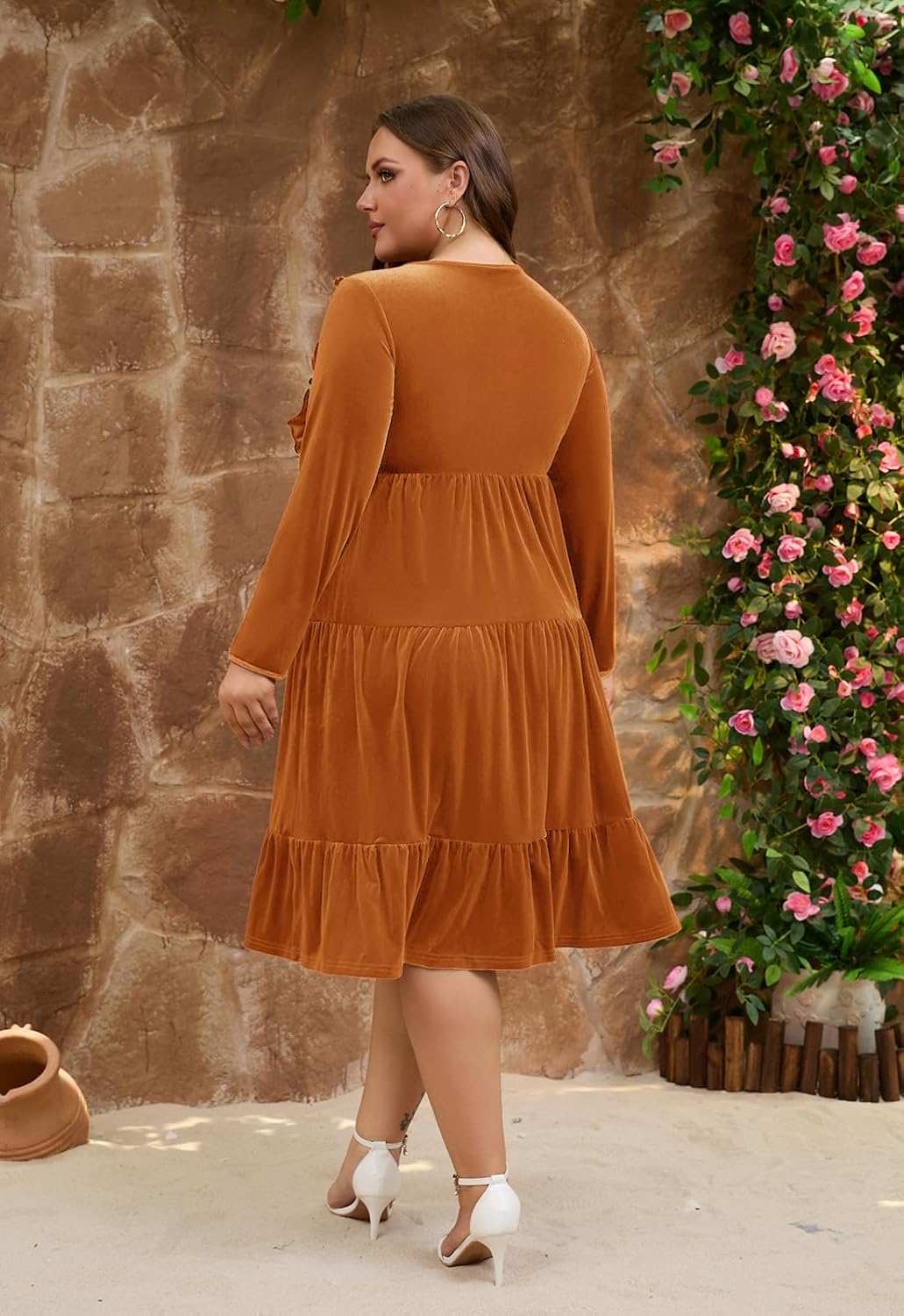 Plus Size Velvet Dress for Women Long Sleeve A-Line Waist Tiered Flowy Cocktail Party Dresses with Pockets - Image 4