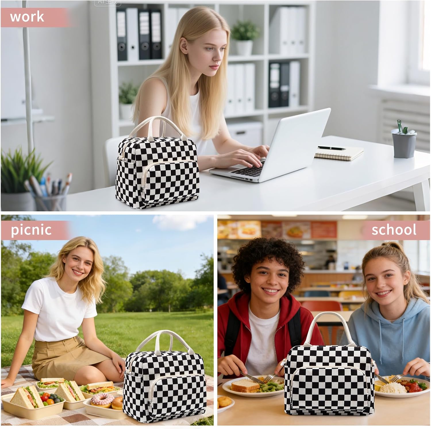 Lunch Box for Women Insulated Lunch Bag Women Adult Cute Lunch Bags Reusable Lunchbox Cooler Tote Bag for Work Picnic (Black-White Plaid) - Image 7
