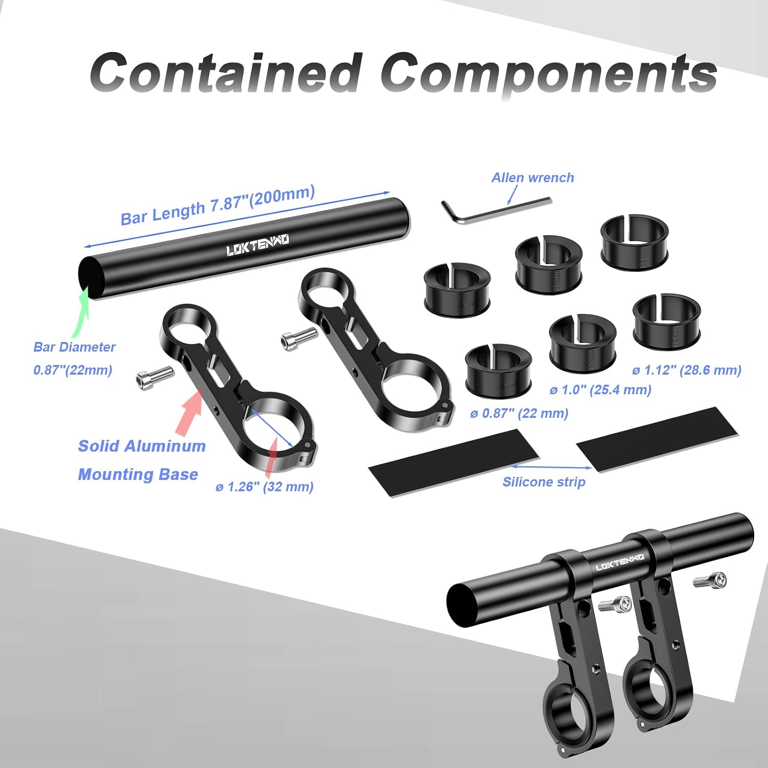 LOKTENWO 7.87" Long Dual Clamp Handlebar Extender, Aluminum Handlebar Bar Extension for Motorcycle Bike Bicycle Scooter, Fits 0.875/1.0/1.125/1.26" Handlebars for Phone Holder Light GPS Action Camera