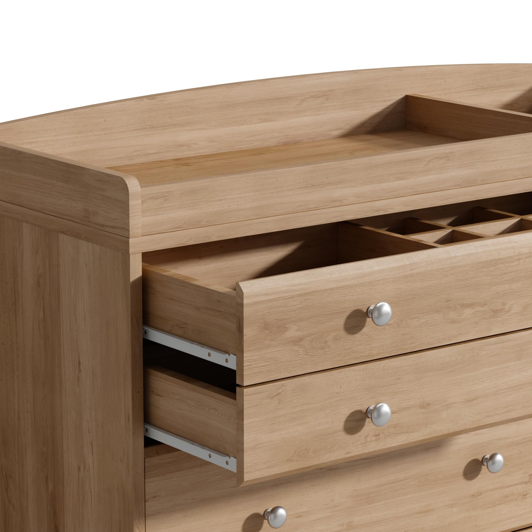 Changing Table Dresser for Nursery, 47.2”L Baby Dresser with 4 Drawers & Adjustable Open Shelves, 2-in-1 Diaper Changing Station with Removable Topper & Drawer Organizer, Natural Wood — view 9