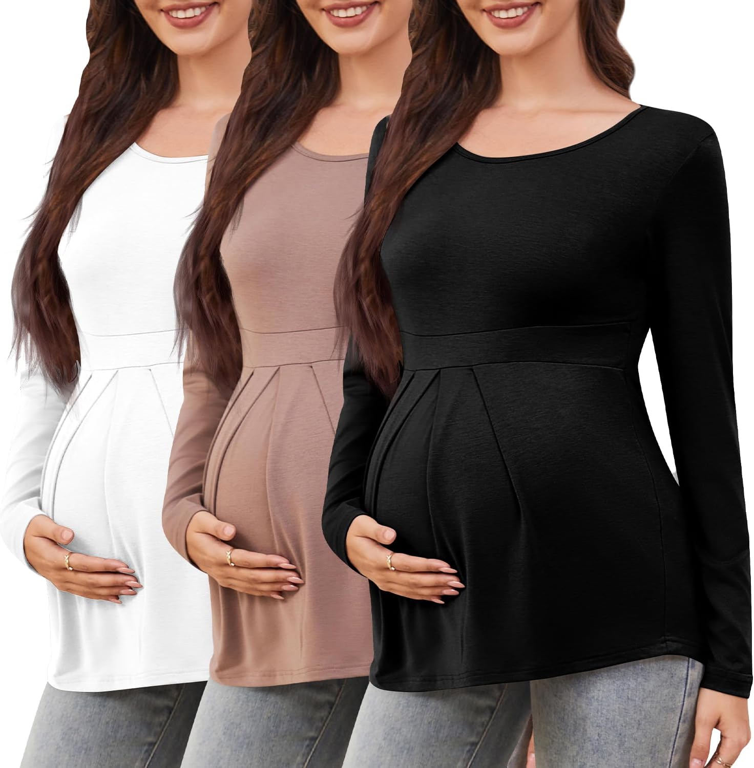 Women's Maternity Tops Short/Long Sleeve Round Neck Front Pleat Peplum Tunic Top Pr...