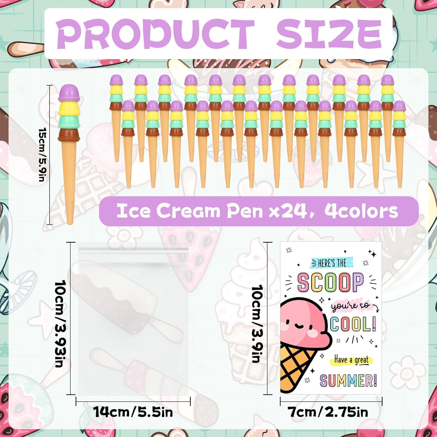 48 Sets End of Year Student Gifts from Teacher Includes Ice Cream Party Favors Ice Cream Pen with Summer Cards Cute Cartoon Novelty Gel Pen Students Classroom Prizes Last Day of School Gift Set