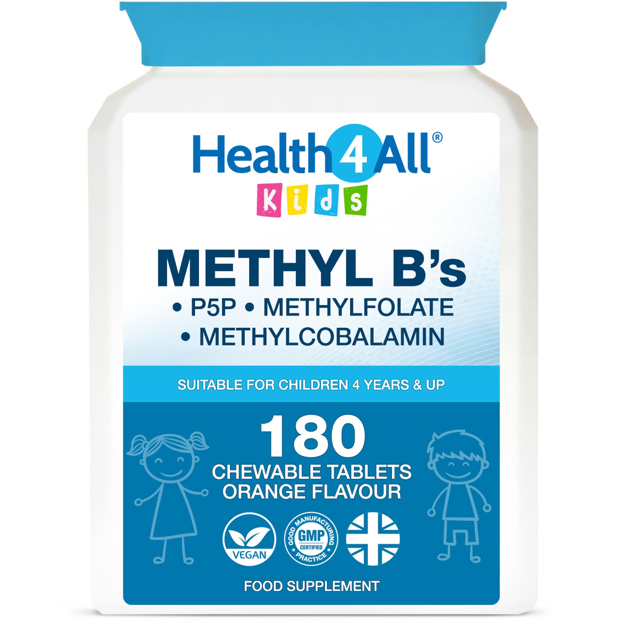 Health4All Kids Methyl B's 180 Chewable Tablets (6 Months Supply), Stress & Mood Support for Children 4+, Methylated B Vitamins B12 Methylcobalamin, 5-Methylfolate & Vitamin B6 P5P, Vegan | Made in UK