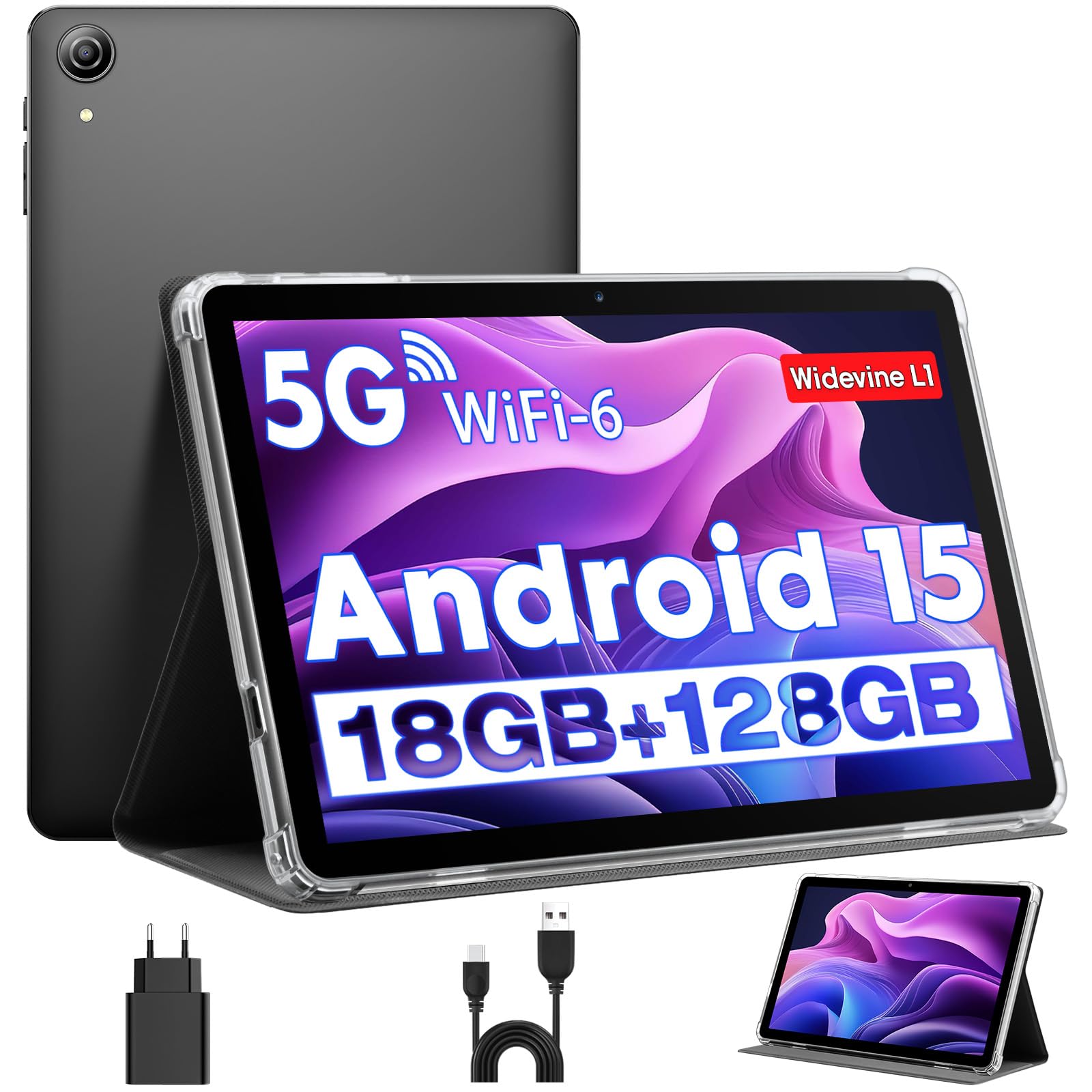Tablet 10 Zoll, Android 15 Tablets mit Hülle, Unisoc T30 Quad-Core, 18 GB RAM + 128 GB ROM + 1 TB TF, 1280x800 HD IPS Display, 5MP + 8MP Duale Kamera, 6000 mAh, WiFi 6, BT 5.0, Widevine L1 (K70)