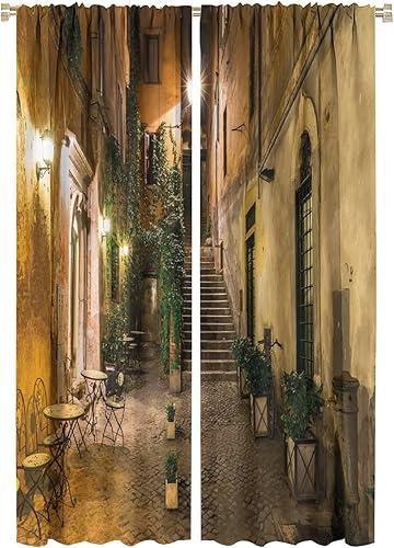 Cortinas italianas, sillas de café de Roma de Edad Media, casas históricas en la calle, sala de estar, dormitorio, comedor, cocina, cortinas opacas