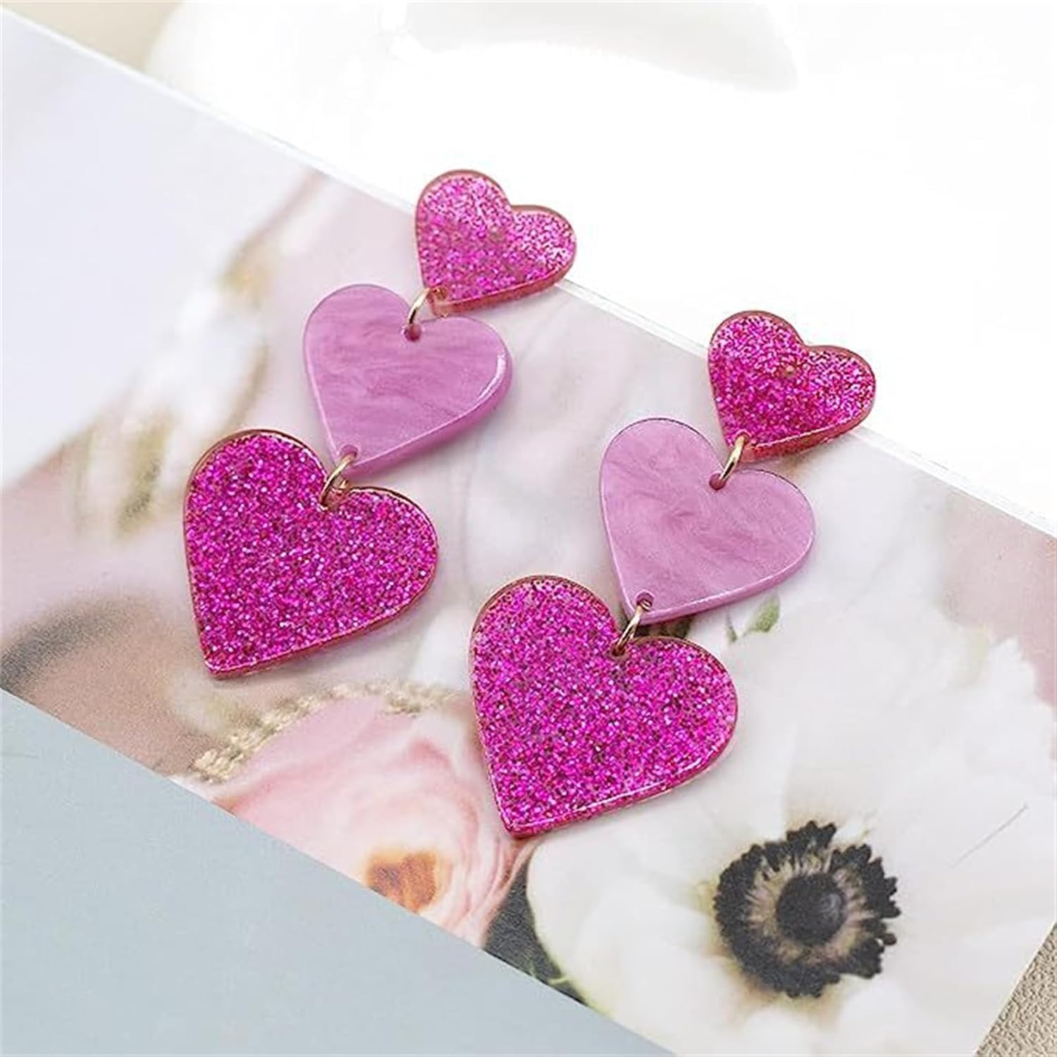 coadipress Triple Heart Earrings Dangle Earrings for Women Lightweight Acrylic Shiny Pink Love Heart Statement Geometric Shape Red Heart Drop Earrings Girlfriend Valentine Gift Jewelry - Image 2