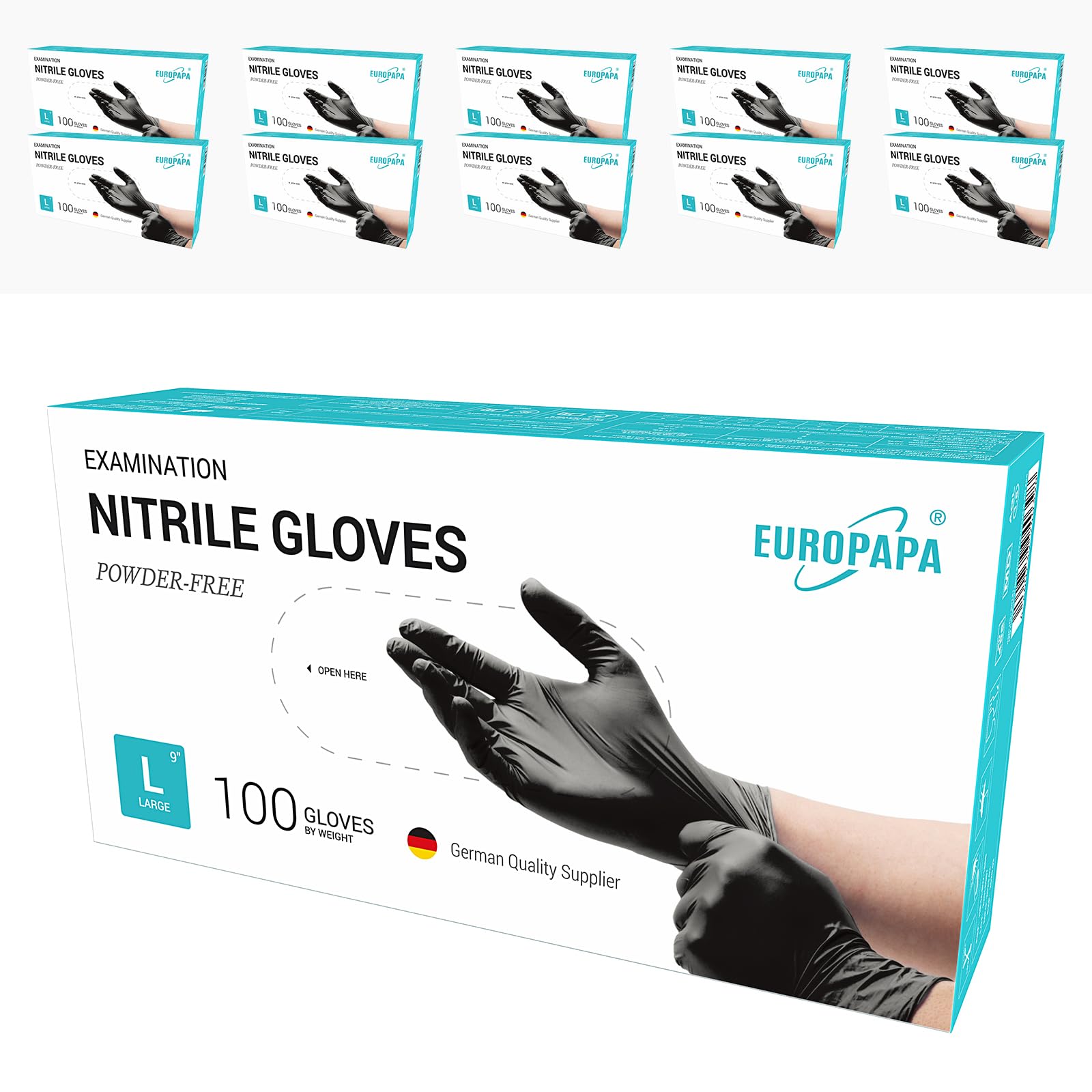 EUROPAPA® 1000x Nitrilhandschuhe Box Einweghandschuhe, Einmalhandschuhe, Untersuchungshandschuhe, Nitril Handschuhe, puderfrei, ohne Latex, unsteril, latexfrei, disposible gloves (L, Schwarz)