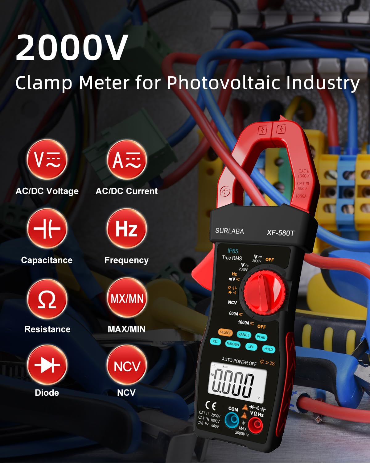Digitales Zangenmessgerät 1000A/2000V AC DC Strom Spannung LPF Multimeter 6000 Zählungen, TRMS NCV Amp Volt Widerstand Kapazität Frequenz Durchgangsprüfer für Photovoltaik-Industrie