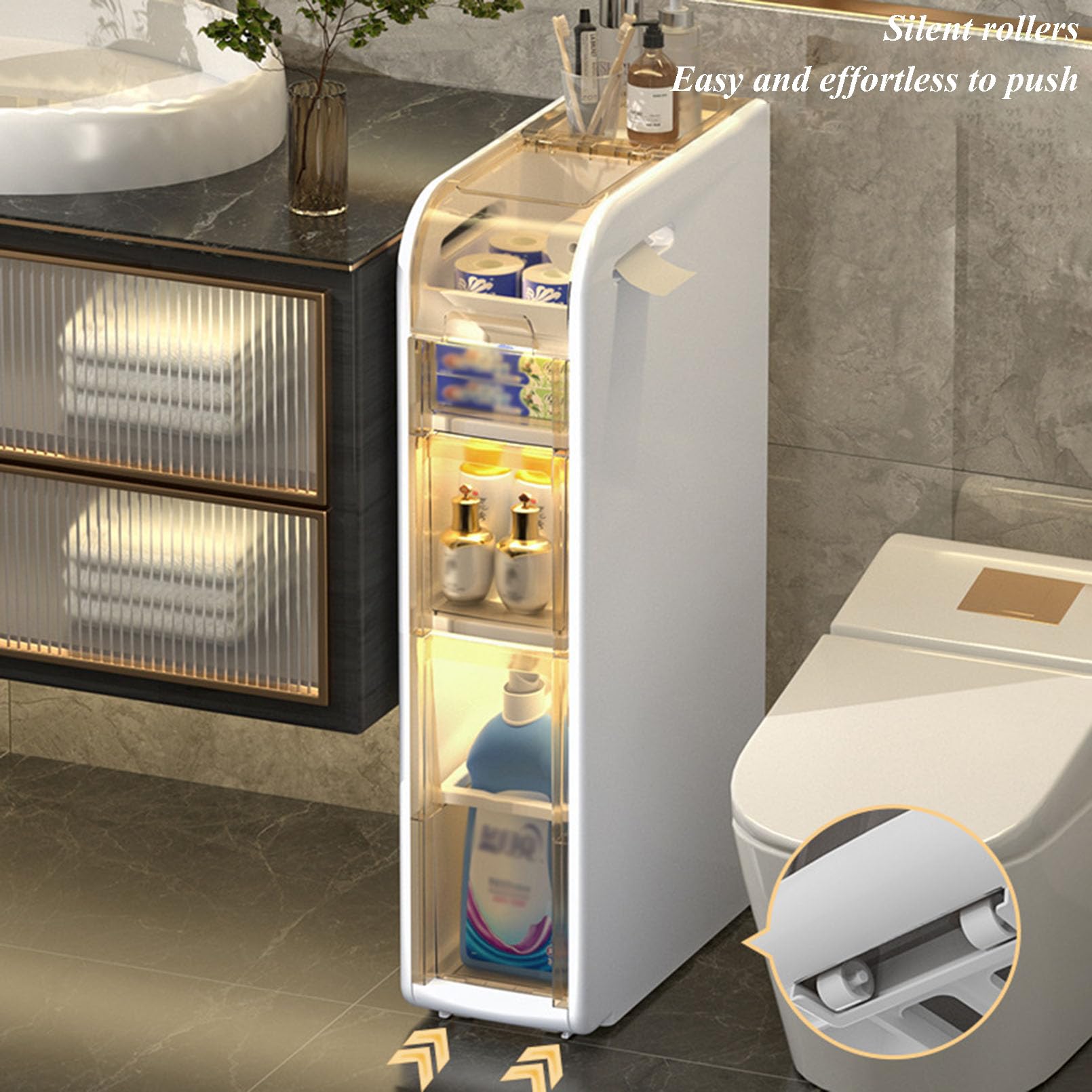 Armoire de rangement autonome étroite de salle de bain avec tiroirs et roulettes transparents – Grand organisateur pour cuisine, couloir, salon, chambre à coucher, buanderie, toilettes (blanc)