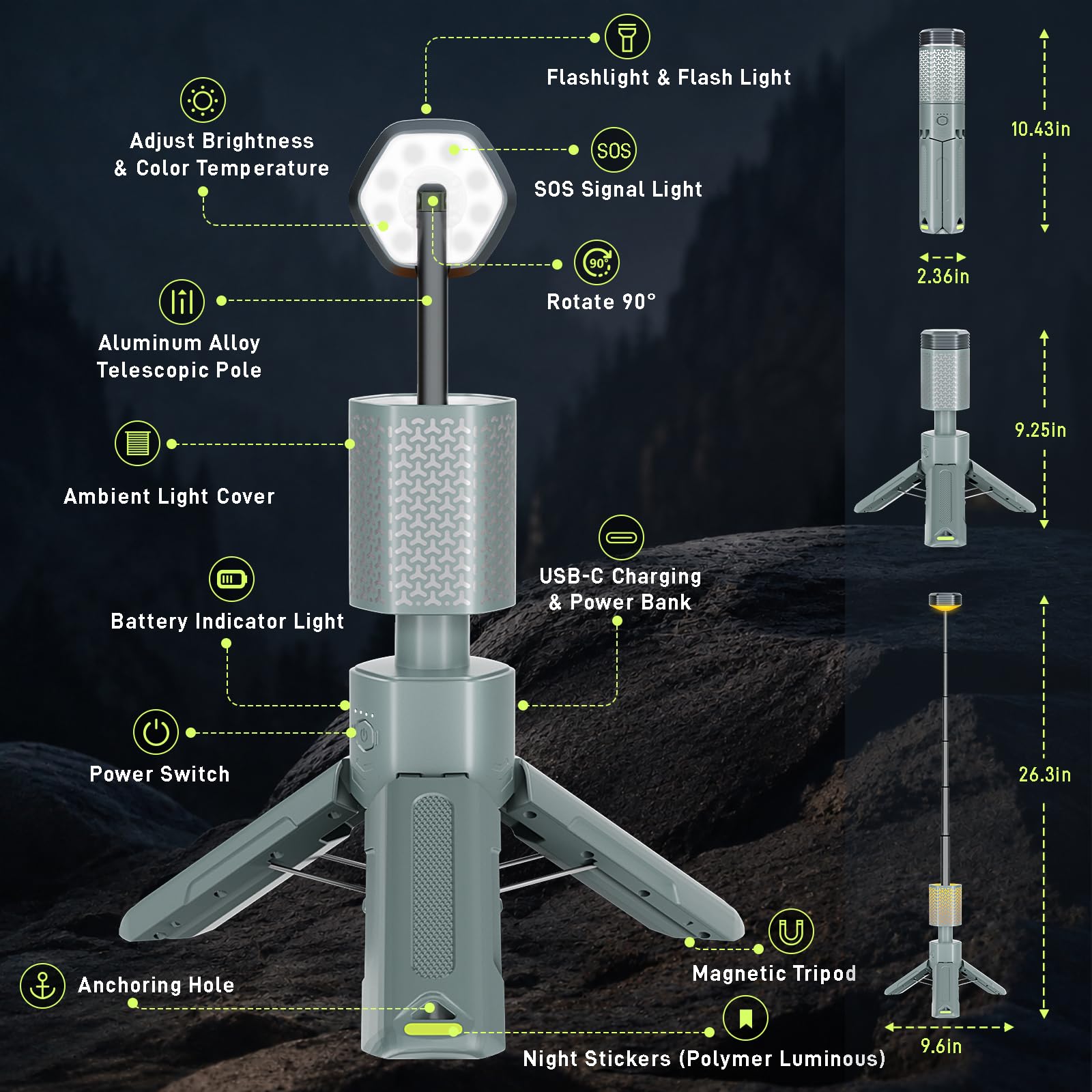 Luces de camping, linterna telescópica de camping con bolsa de almacenamiento, luz de emergencia recargable de 10500 mAh para aventuras al aire libre, luces de trabajo LED impermeables con imán (gris)