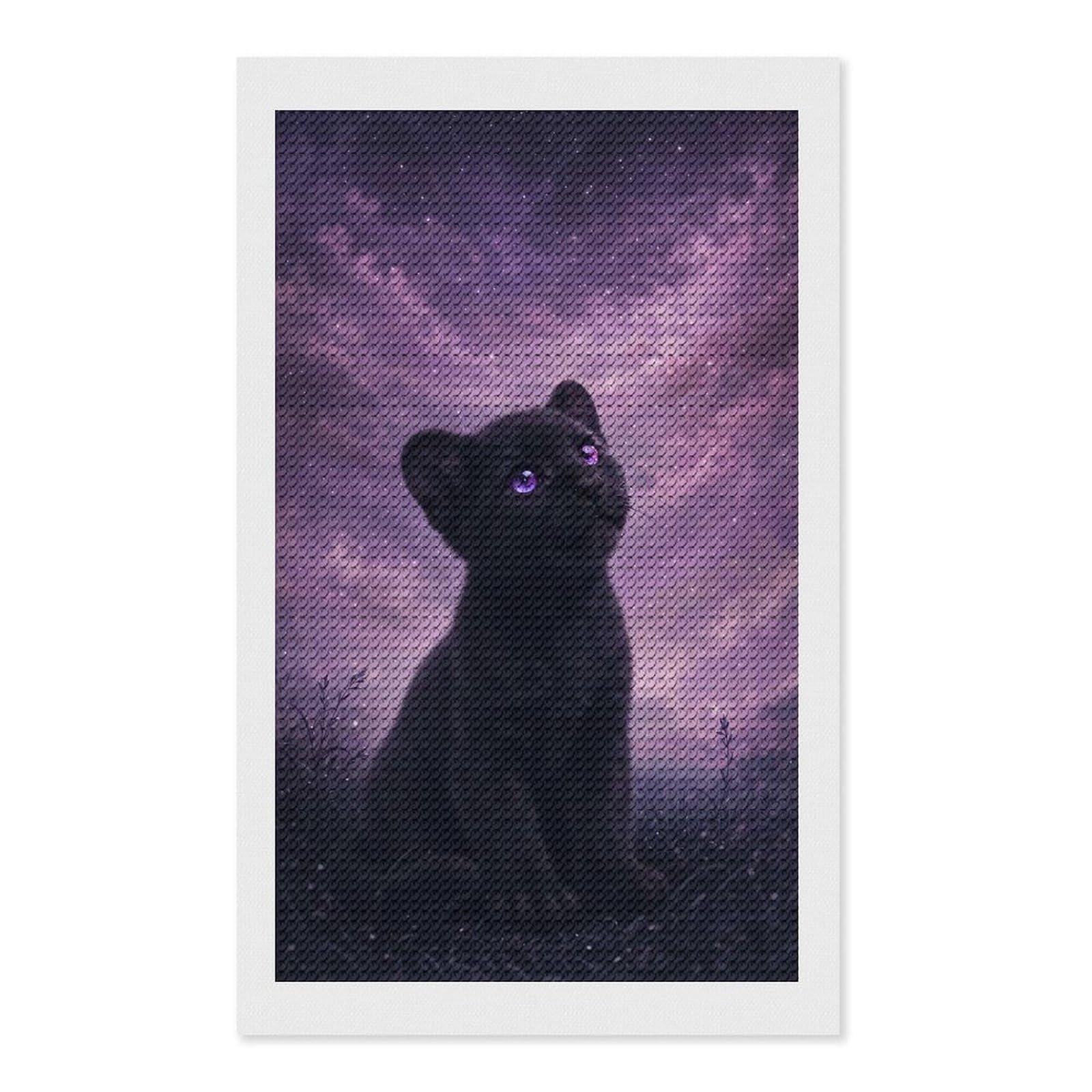 Junmoney Cute Black Panther Kitten Under Starry Sky Diamond Painting Set 12"x20", Neat Printed Canvas, with Tool Kit, Bedroom Decor, Gift Idea, Complete Accessories