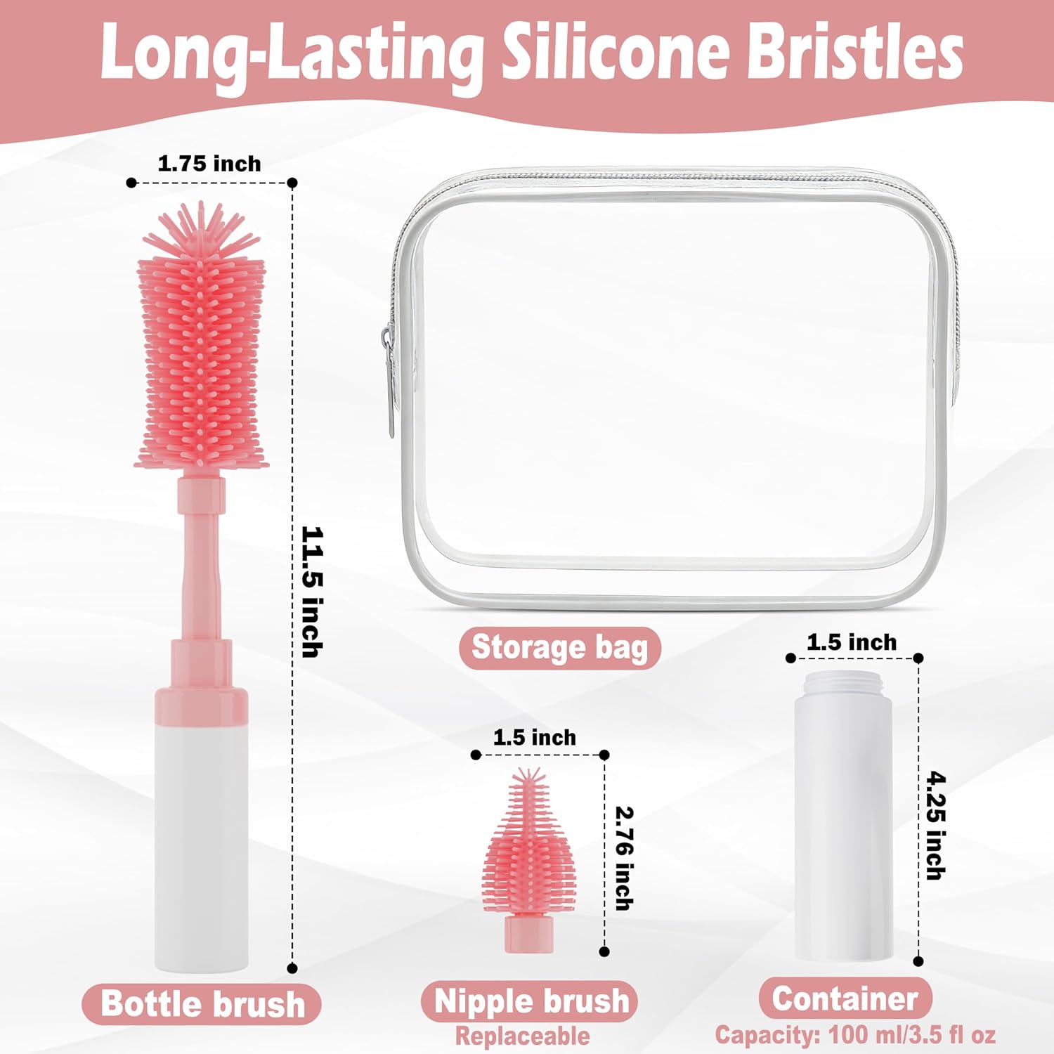 ZTX Self-Foaming Silicone Baby Bottle Brush Set – One Press Creates Rich Foam, Cleans Bottles, Breast Pump Parts & Nipples, Includes Detachable Brush & Travel Storage Bag, Pink