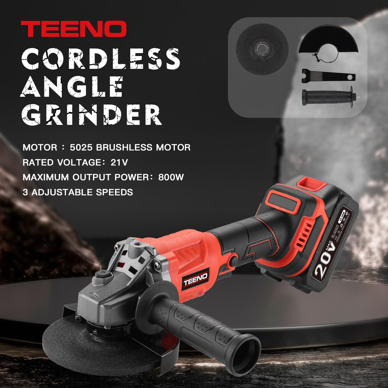 Kit utensili TEENO da 3 pezzi (avvitatore a impatto a batteria senza spazzole + trapano a percussione + smerigliatrice angolare senza spazzole), Batterie da 20 V e 3 Ah*2