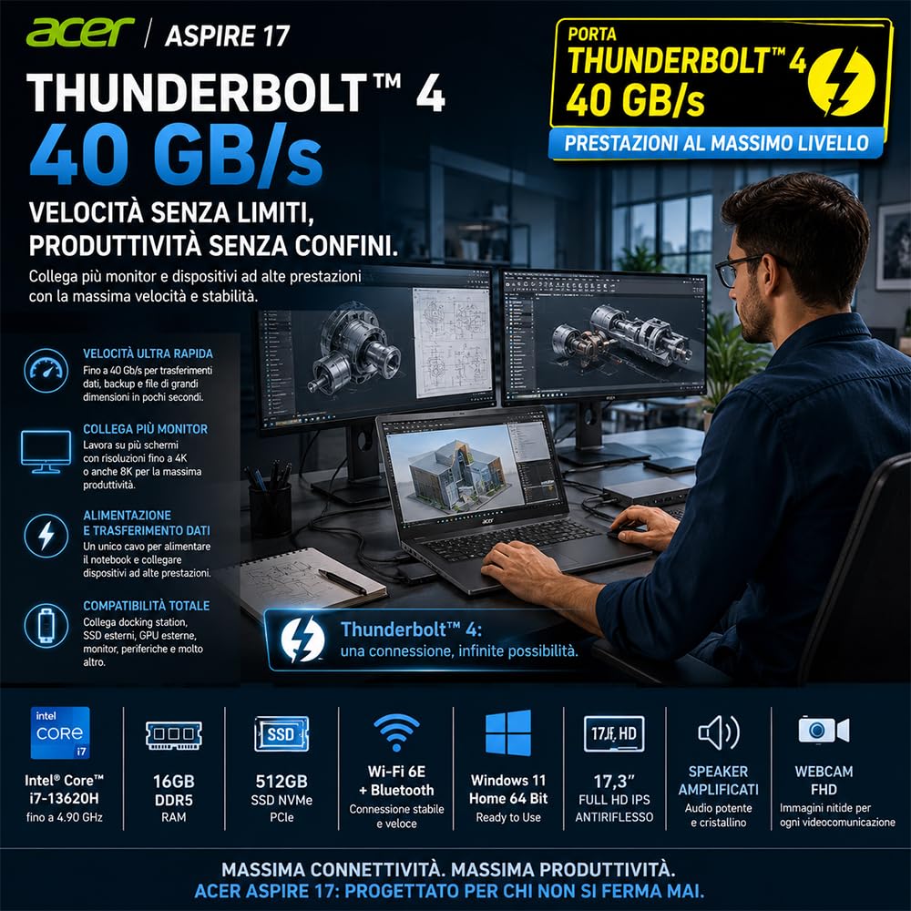 Acer Notebook Aspire, Display 17.3" FullHD IPS, Intel Core i7-13620H, DDR5 | 10Core, 16GB DDR5, Thunderbolt 40Gb/s, SSD 512GB, Wi-Fi6, Win 11, Ready to Use, include alimentatore e libre office