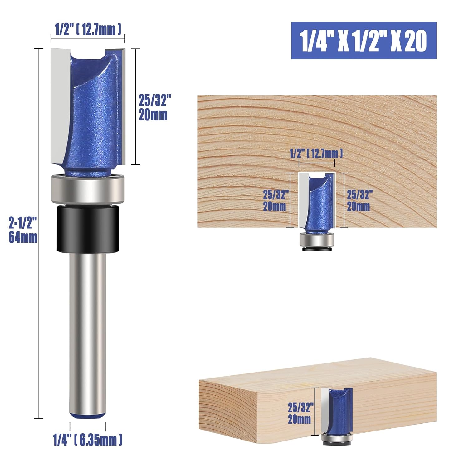 Pattern Flush Trim Router Bit Set 1/4 Inch Shank 4PCS, Bottom Bearing Guide Straight Cut Router Bits, Woodworking Milling Cutter Tool for Wood Trimming, Template Work - 1/2" Cutting Dia
