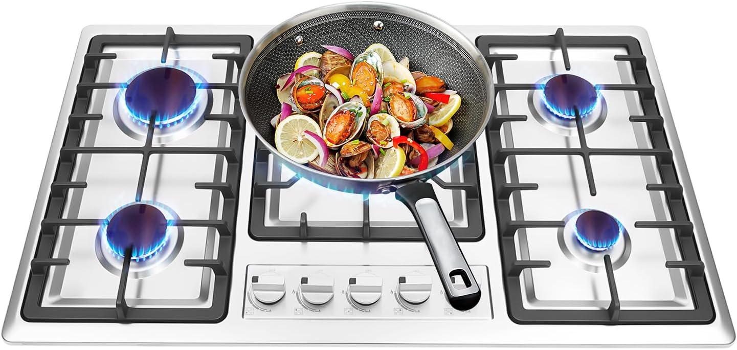 33.86 Inch Commercial Gas Stove Top 5 Burner with Electronic Pulse Ignition and Automatic Flame Failure Protection, Gas Cooktop Stainless Steel Built-In Propane Cooktop Stove NG/LP