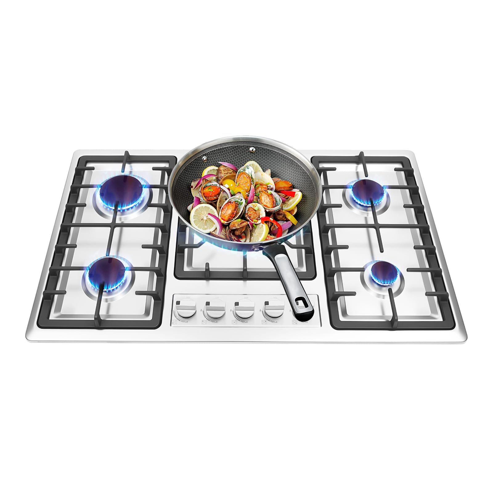 5-Burner Gas Stove, 34 Inch Stainless Steel Drop-in Stovetop, Built-in Gas Cooktop with 5 Burners, NG Stove for Hotel Restaurant Home, Flame Failure Protection