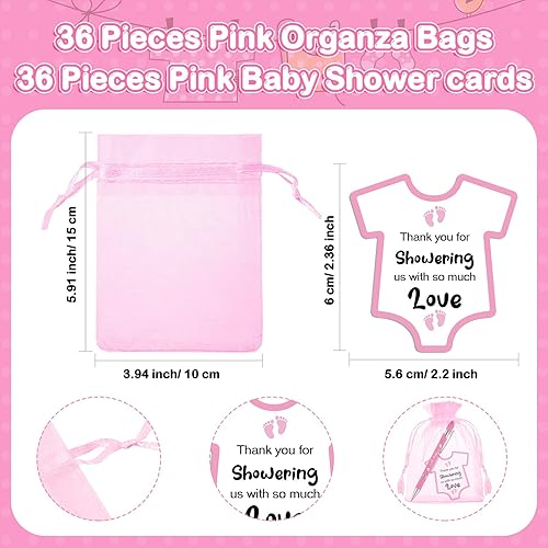 Miniatura 3 de Colarr Juego de 36 recuerdos de baby shower bolígrafos rosados con tarjetas y bolsas de organza para invitados regalo y fiesta de revelación de