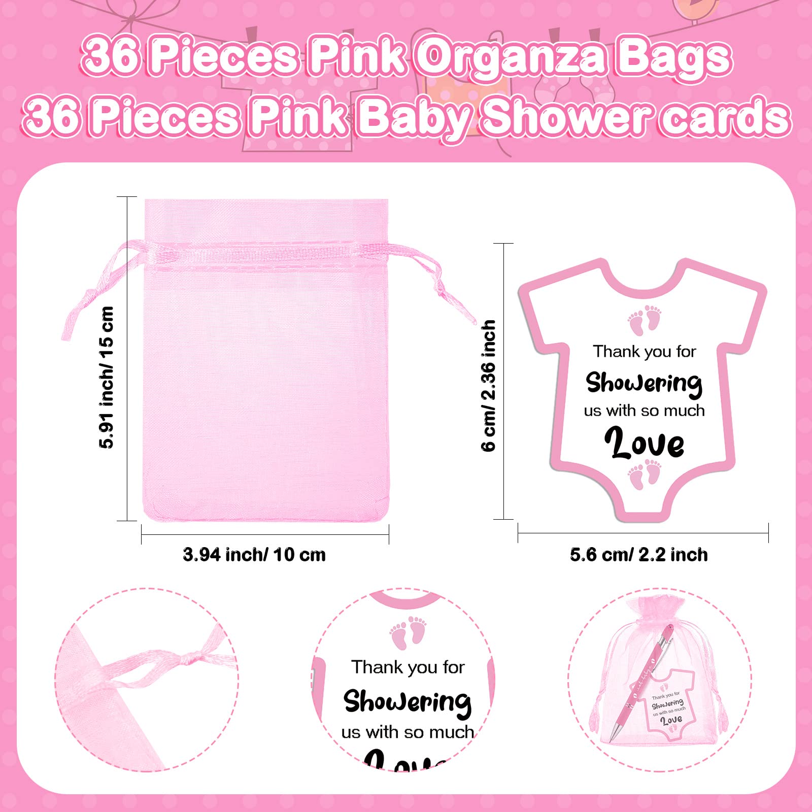 Colarr 108 szt. upominków na baby shower dla gości, zawiera 36 rysików do baby shower, 36 szt. kart dla dziewczynki, 36 szt. torebek z organzy, na baby shower, ujawnienie płci, prezenty dla gości