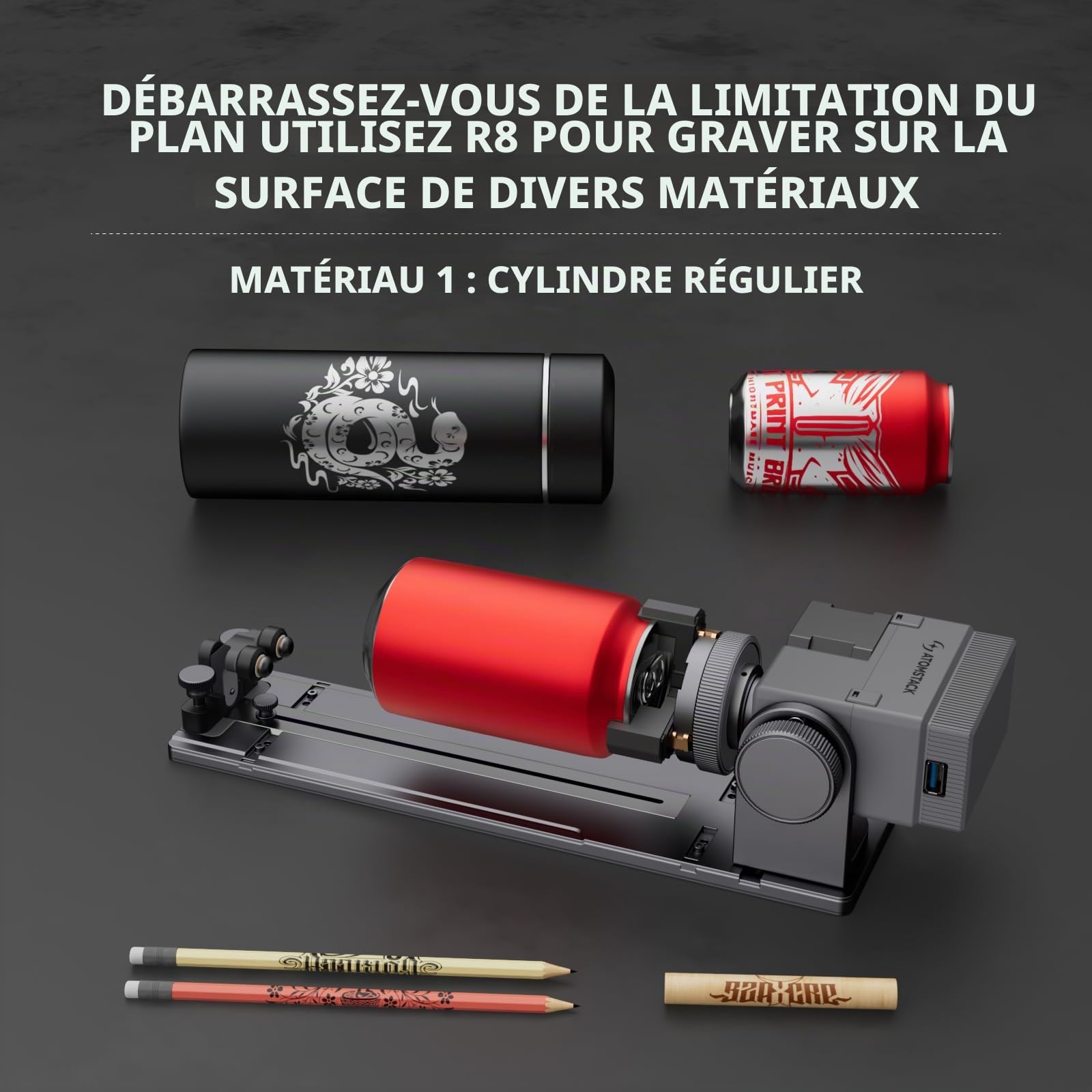 ATOMSTACK R8 et H5, mandrin rotatif et base haute, pour soutenir l'ATOMSTACK P1, pour tester des objets ronds ou annulaires tels que des balles de baseball, des boules de cristal