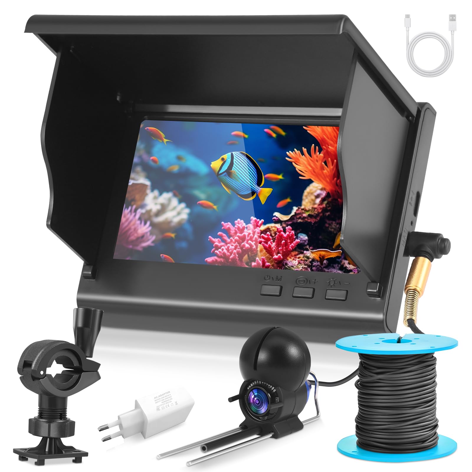 Fishfinder Cámara Submarina Pesca, Gran Angular Infrarrojo Visión Nocturna, Cámara Submarina Buscador de Peces con 220° HD Cámara y 30 m de Cable para Todas las Aguas - Cámara de Pesca para Pescadores