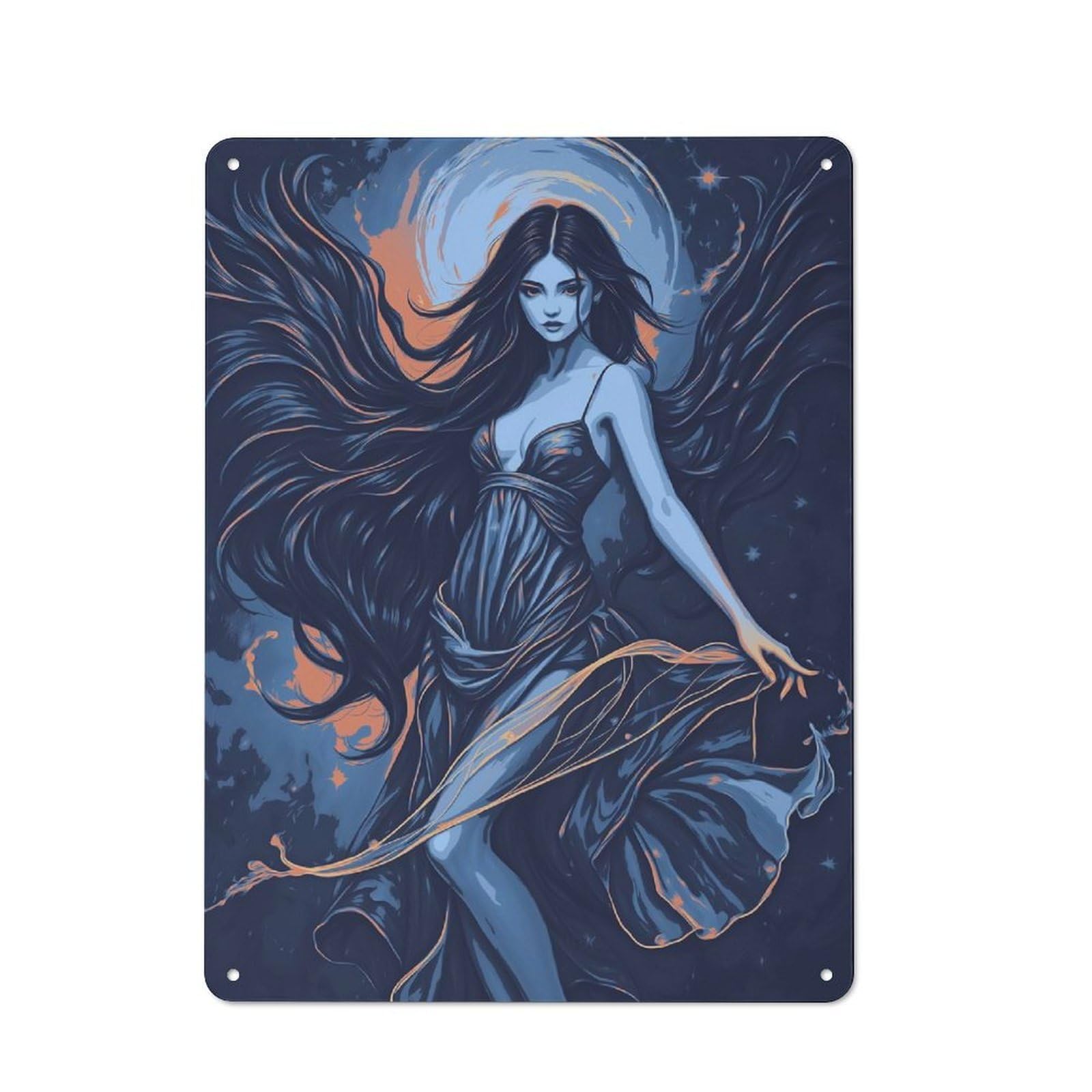 Vintage Metal Wall Art Sign 40x30cm Featuring Mystical Woman in Blue, Old Style Wall Plaque for Kitchen, Hallway, Bar Or Small Cafe