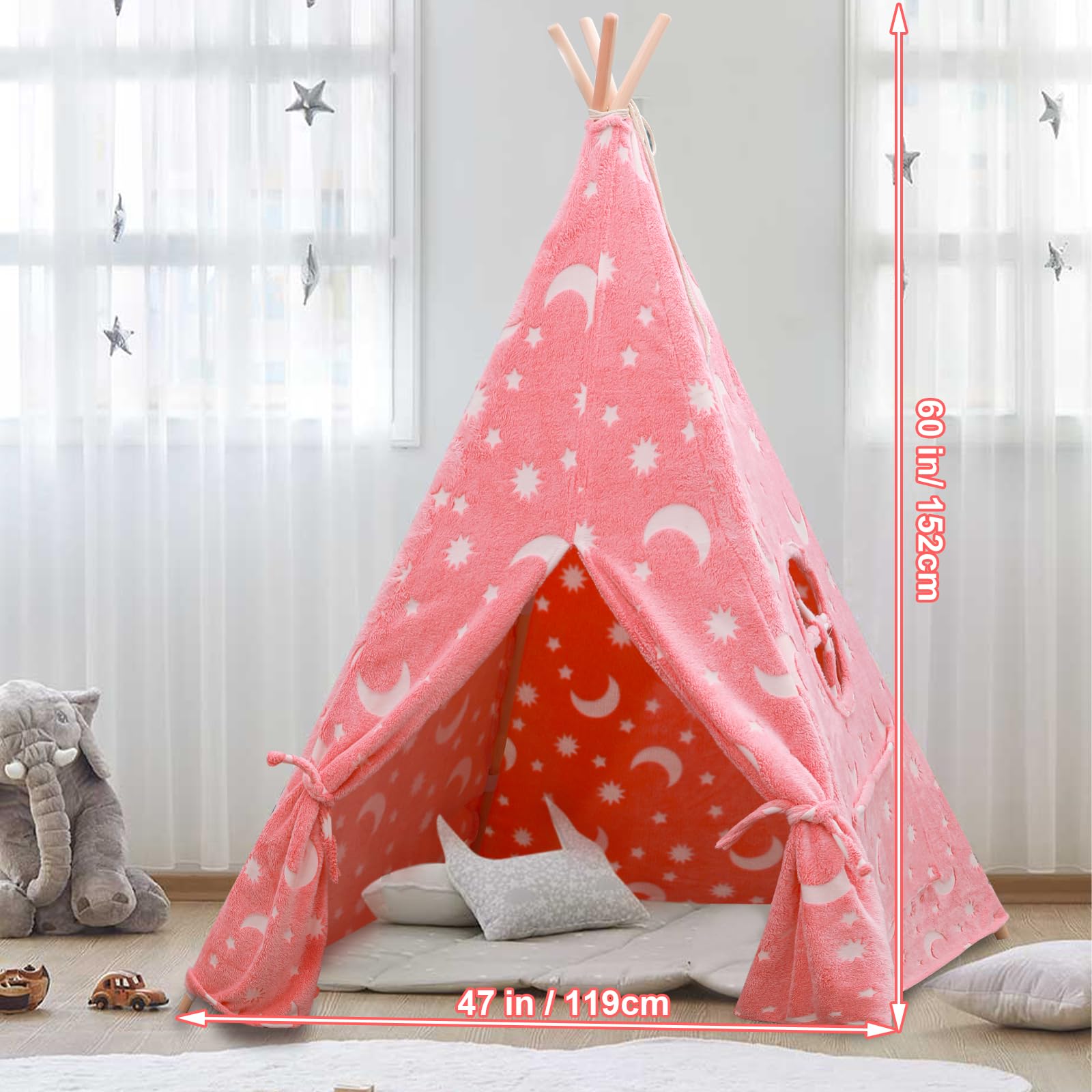 ZAIXIA Teepee Tent for Kids,Portable Kids Play Tents,Indoor Glow Play Tent, Pink, 110x110x150 cm - Image 4
