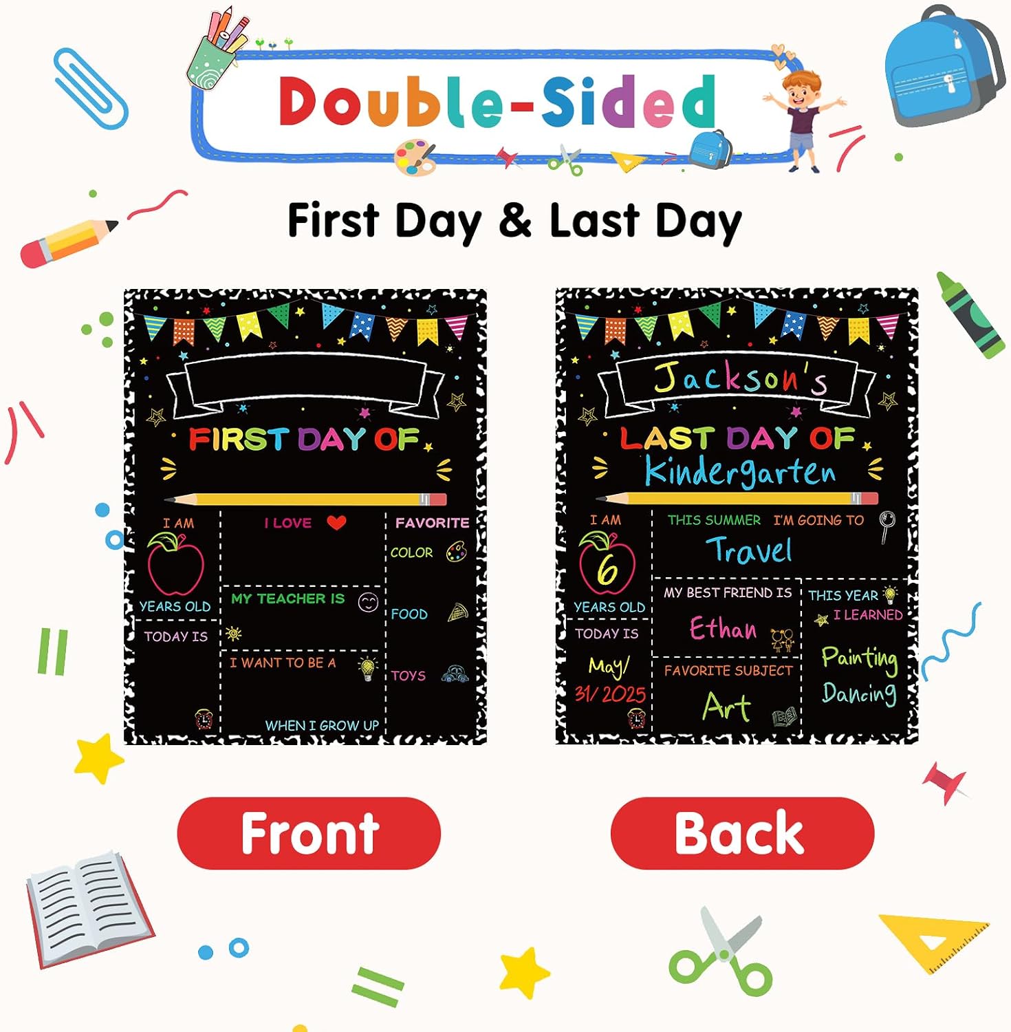 YQUQWN First Day and Last Day of Board First Day of School Sign Double Sided Back to School Board with Marble Border Kindergarten Preschool 1st Grade Supplies Chalkboard for Kids Boys Girls image 3
