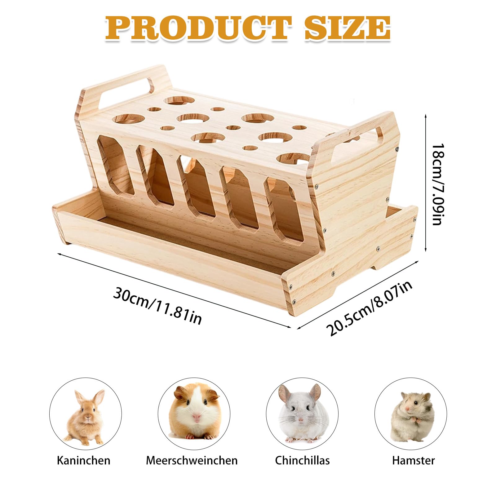 Hölzern Heuraufe für Kaninchen 30x20,5x18cm Futterraufe mit Karottenhalter, Heu-Futterstation für Kaninchen, Futterständer Mit Großem Fassungsvermögen, für Meerschweinchen, Hasen, Hamster