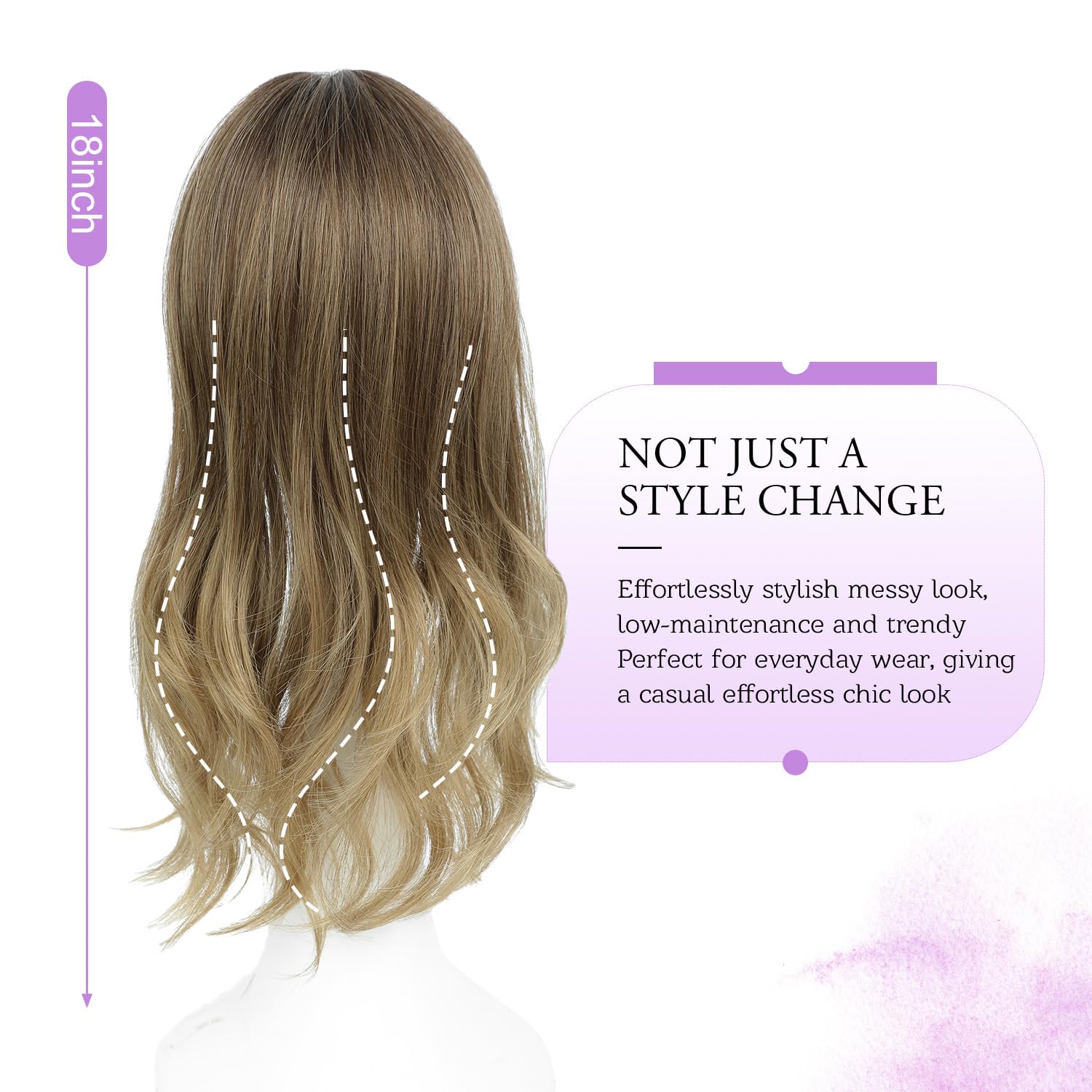 Fine Plus 18 Inch Hair Toppers for Women with Thinning Hair, 6.5” x 6.5” Large Base Coverage Synthetic Hairpiece with Natural Body Wavy Texture in Ash Brown to Blonde Ombre for Daily Wear