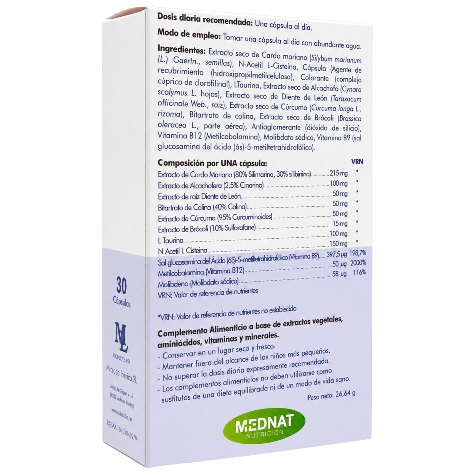 Mednat HepaBasic 30 Cápsulas - Suplemento Depurativo y Protector Hepático - Con Cardo Mariano, Colina y Alcachofa - Tecnología de Alta Absorción - Detox y Digestión Ligera