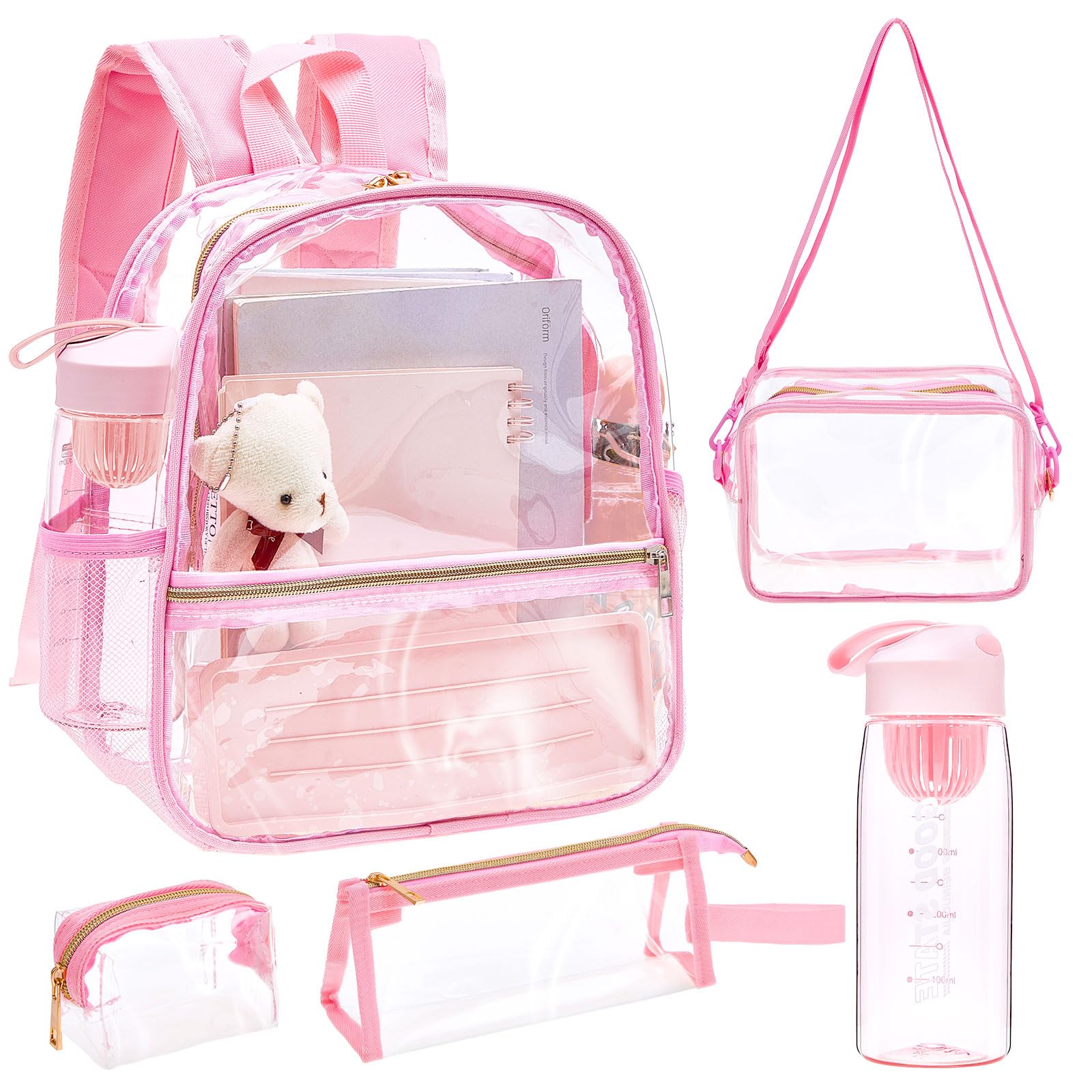 5 Pcs Small Pink Clear Backpack Stadium Approved Backpack for Girls with Lunch Bag Crossbody Bag Water Bottle Transparent Clear School Backpack Set for School Concert Sports Work, 12 x 12 x 6 Inch