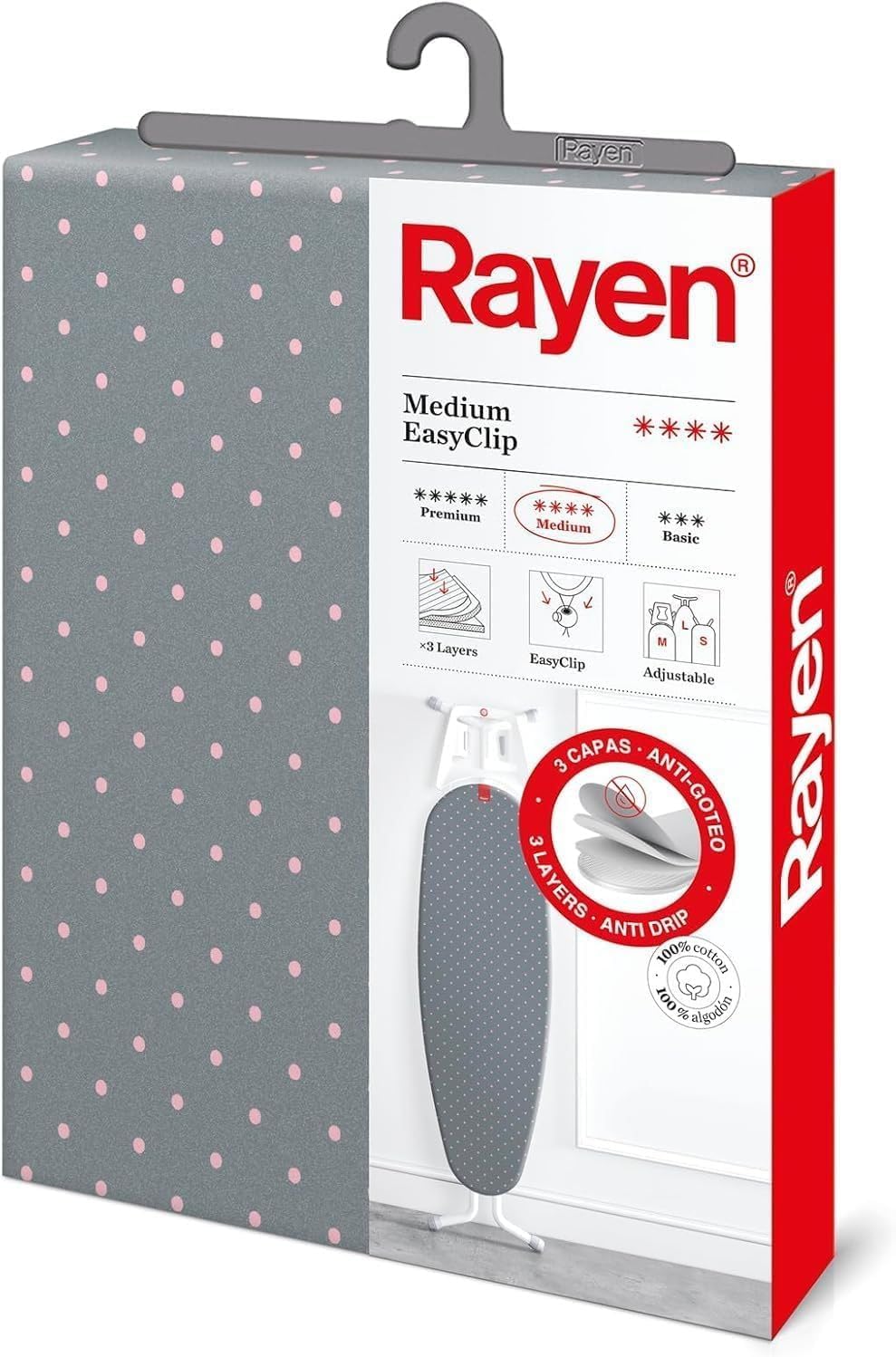 Rayen Universal Ironing Board Cover | 3 Layers: Foam, Flannelette, 100% Cotton Fabric Medium Range | 130x47 cm | Grey with Pink Polka dots, Gray