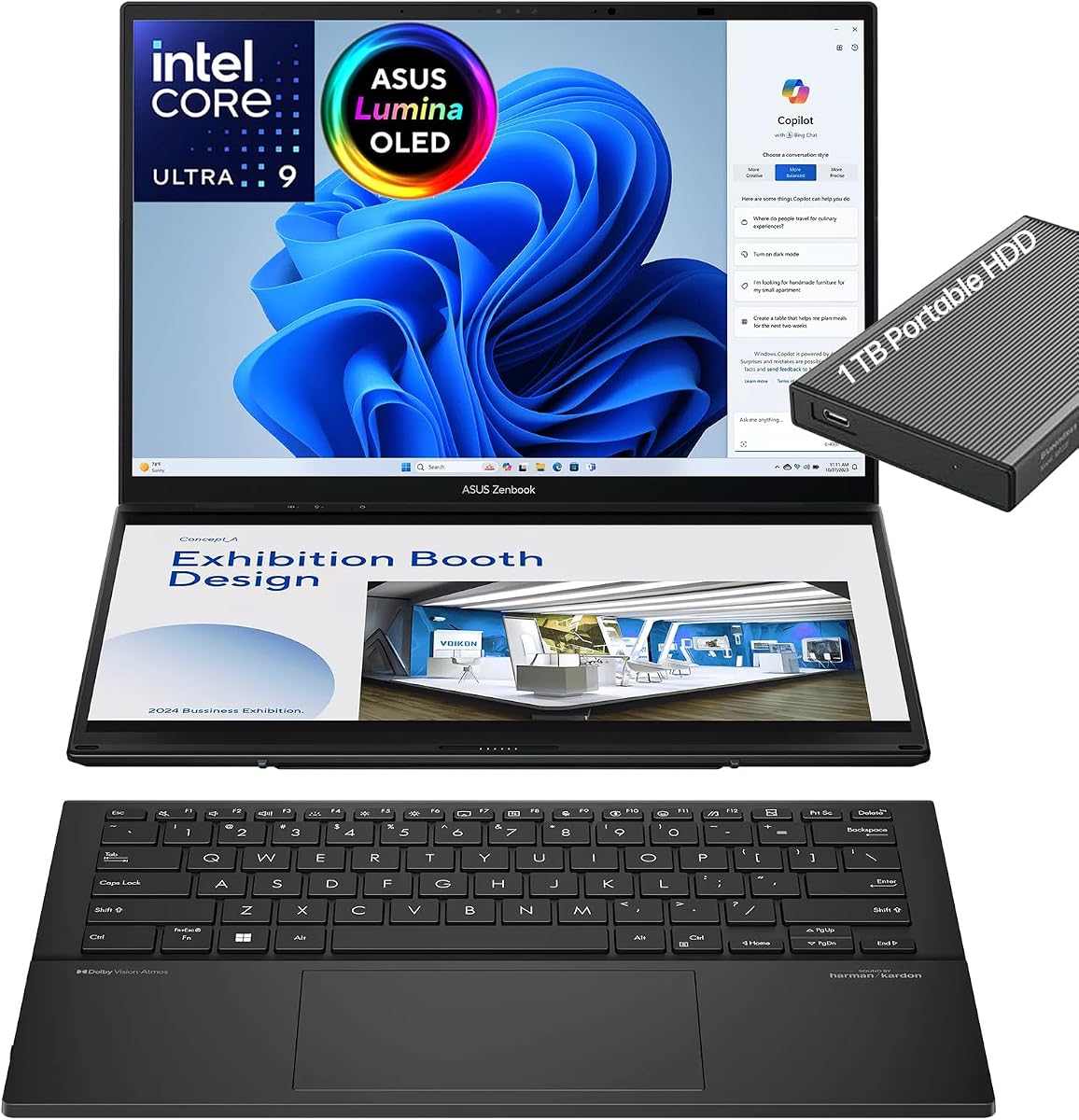Laptop ASUS Zenbook Duo, pantalla táctil OLED WUXGA dual de 14", Intel Core Ultra 9 285H, gráficos Intel Arc, 32 GB de RAM, 2 TB SSD, WiFi 7, Thunderbolt 4, KB desmontable, Windows 11, con disco duro portátil de 1 TB