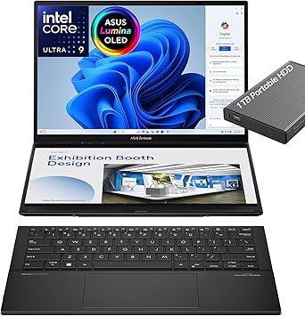 ASUS Zenbook Duo Laptop, Dual 14" OLED WUXGA Touchscreen Display, Intel Core Ultra 9 285H, Intel Arc Graphics, 32GB RAM, 2TB SSD, WiFi 7, Thunderbolt 4, Detachable KB, Windows 11, w/1TB Portable HDD
