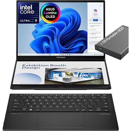 ASUS Zenbook Duo Laptop, Dual 14" OLED WUXGA Touchscreen Display, Intel Core Ultra 9 285H, Intel Arc Graphics, 32GB RAM, 2TB SSD, WiFi 7, Thunderbolt 4, Detachable KB, Windows 11, w/1TB Portable HDD