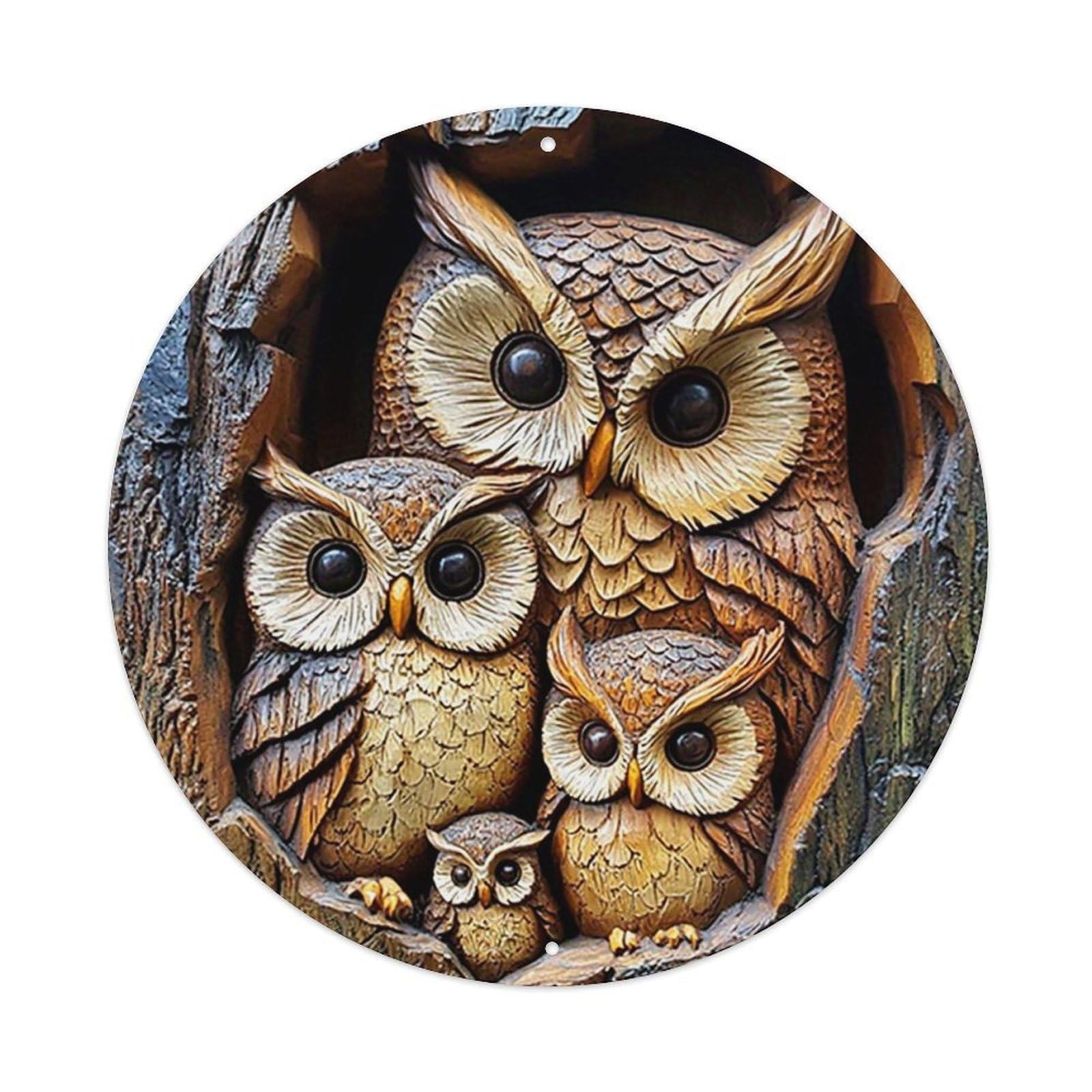 Owl Family Tree Carving Art Vintage Metal Tin Sign Retro Wall Decor for Home Bar Garage Cafe, Indoor & Outdoor Decorative，circle Metal Poster, 8x8 Inch