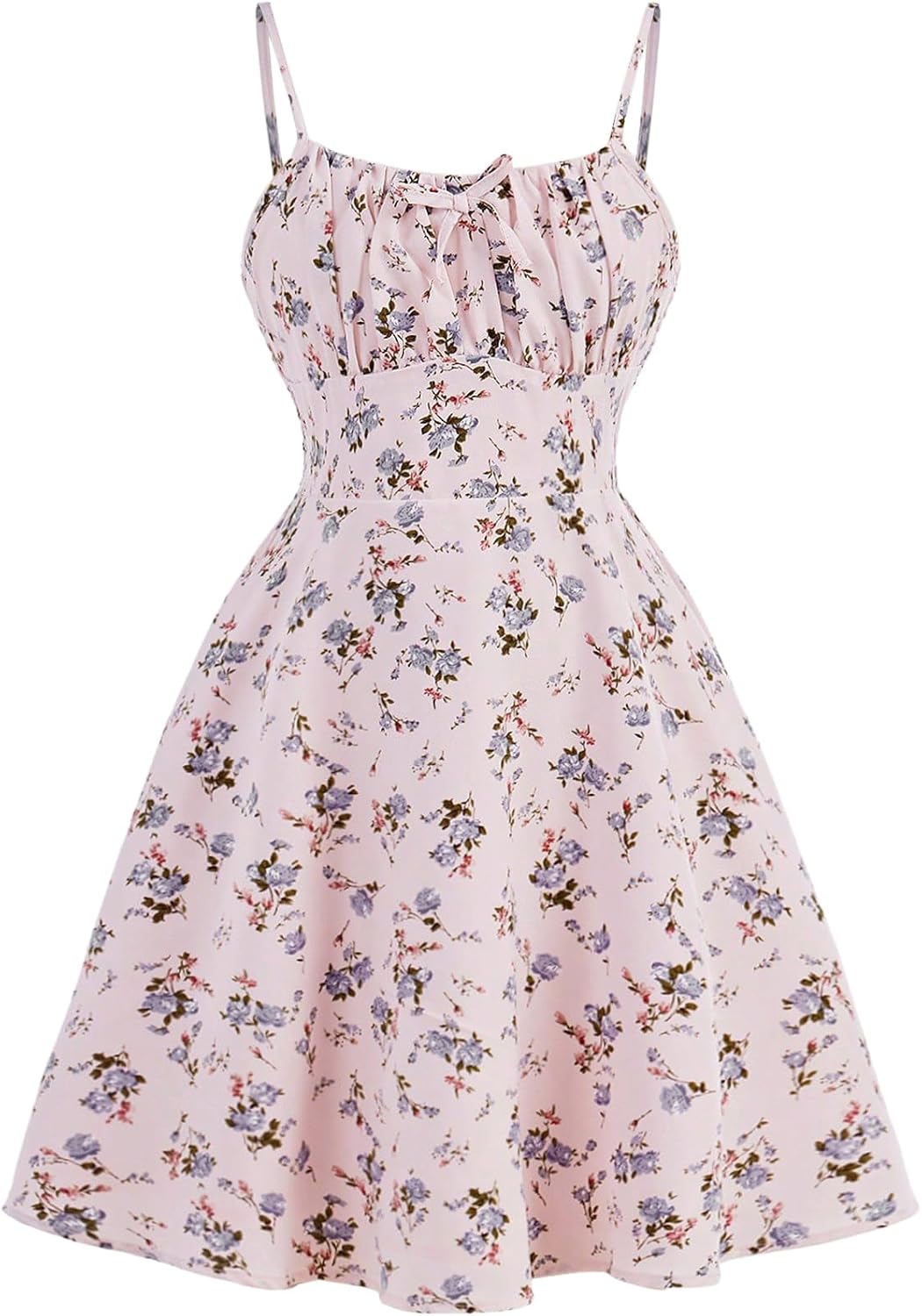 Girl's Floral Print Summer Dress Bowknot Ruched Bust A Line Cami Dress High Waist Ruffle Hem Cute Sun Dresses